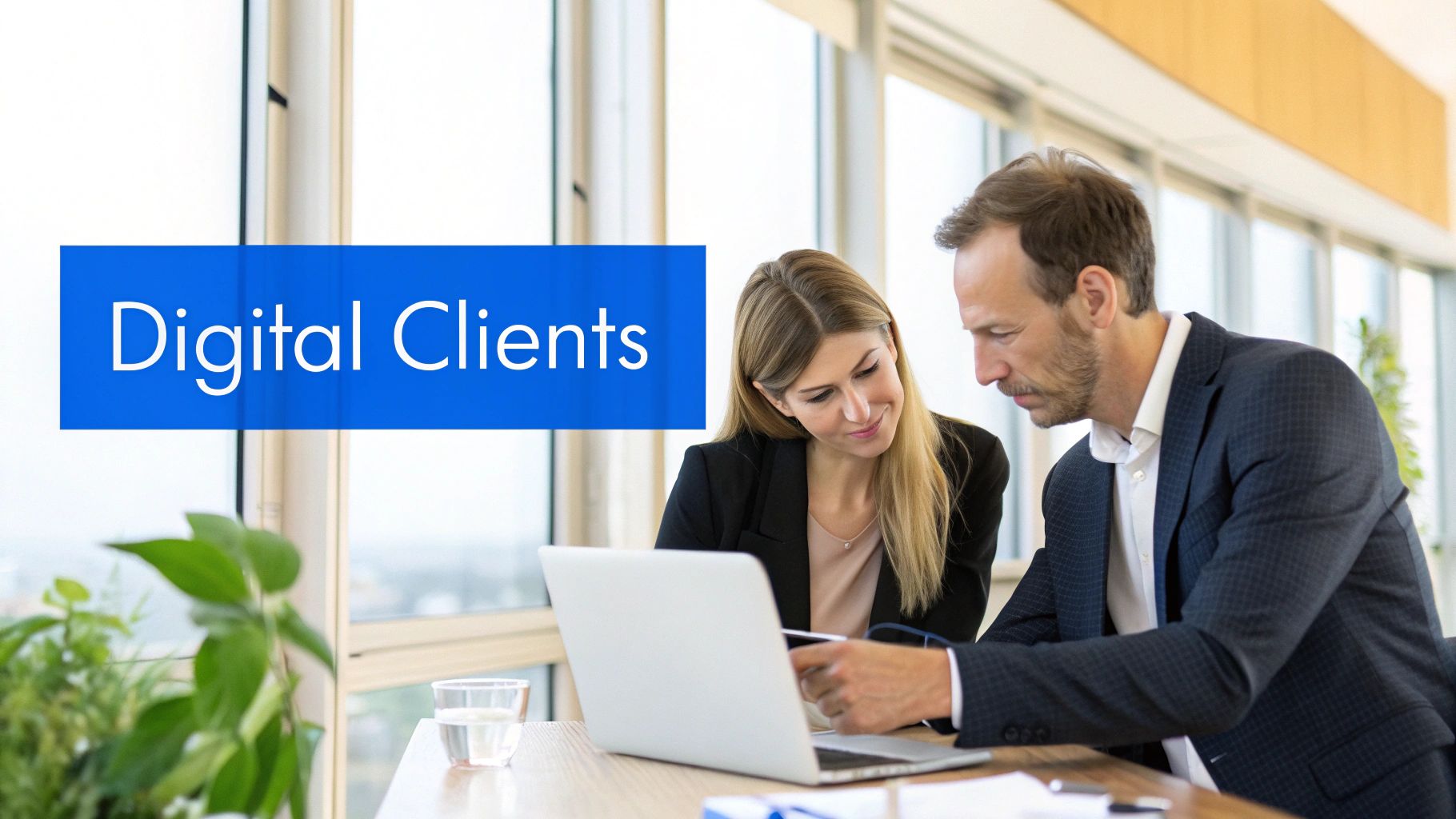 Two business professionals discussing digital clients on a laptop in a bright modern office.