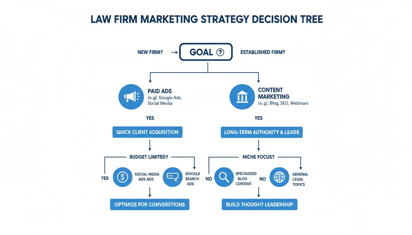 Detailed law firm marketing strategy decision tree guiding firms based on goals and budget.