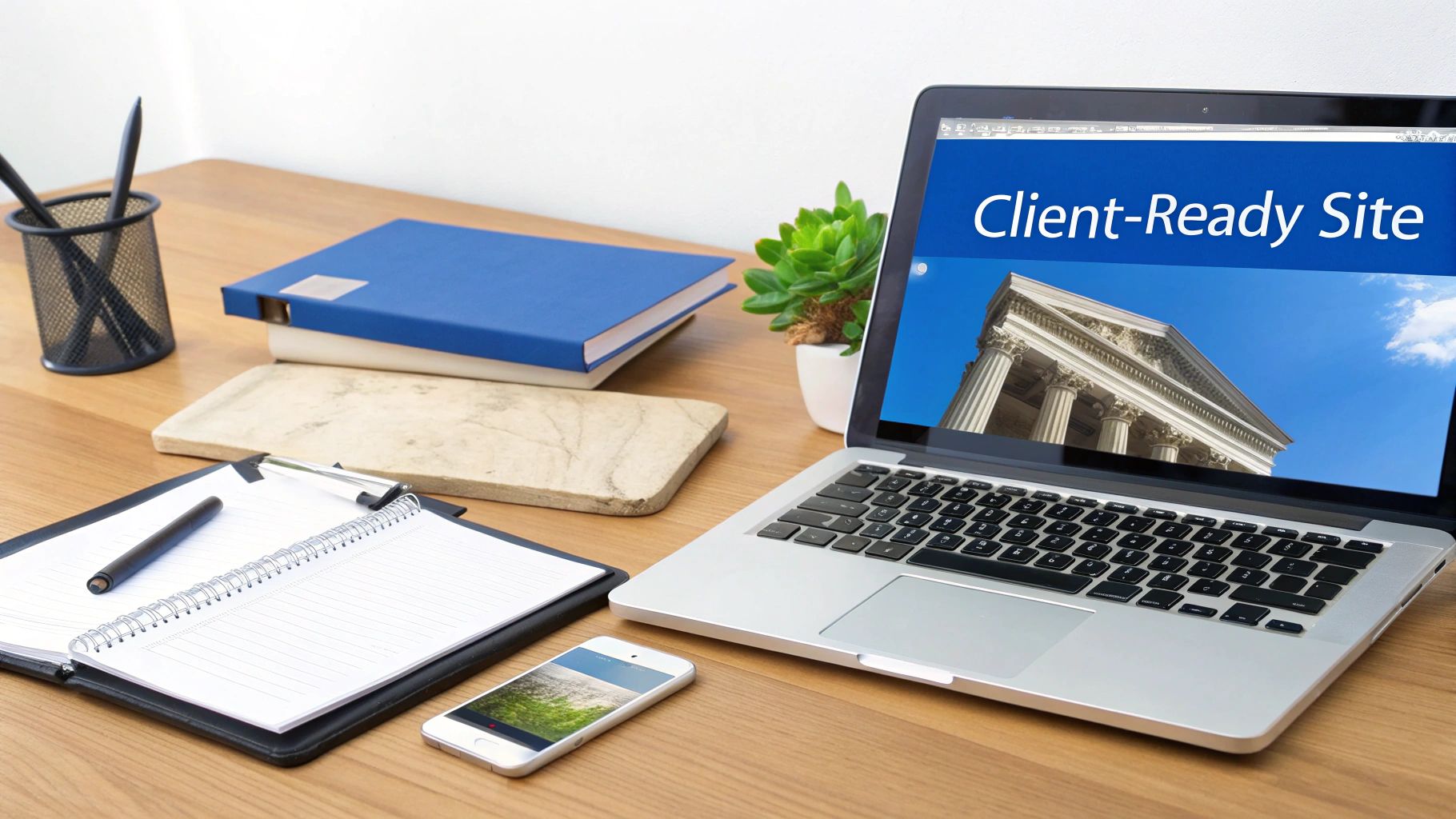 A laptop on a wooden desk displays 'Client-Ready Site' with a classical building, alongside office supplies.