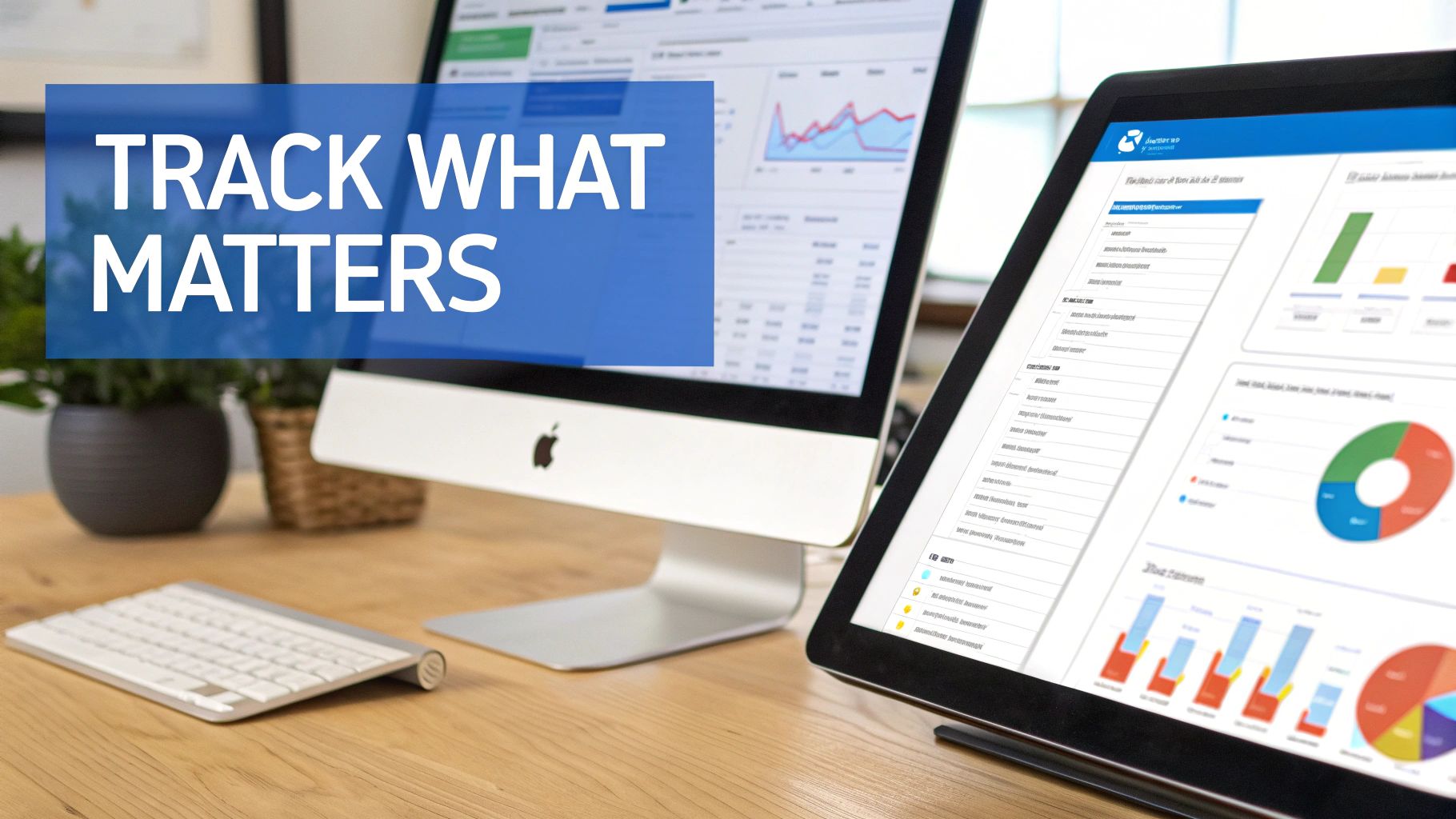 An office desk with an iMac and tablet displaying data, a keyboard, plants, and 'TRACK WHAT MATTERS' text.