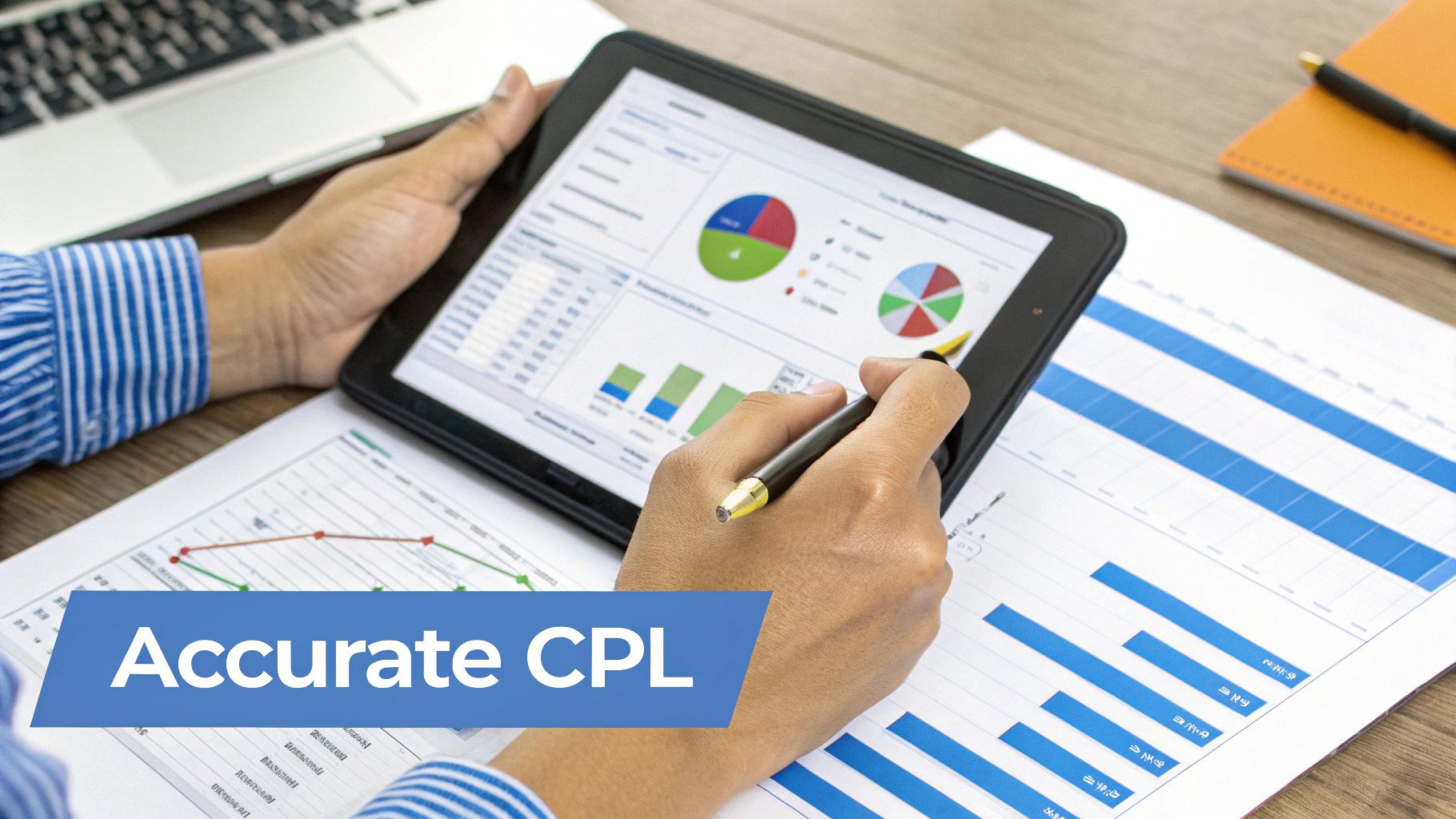 Person analyzing business data and charts on a tablet and paper, with 'Accurate CPL' text.
