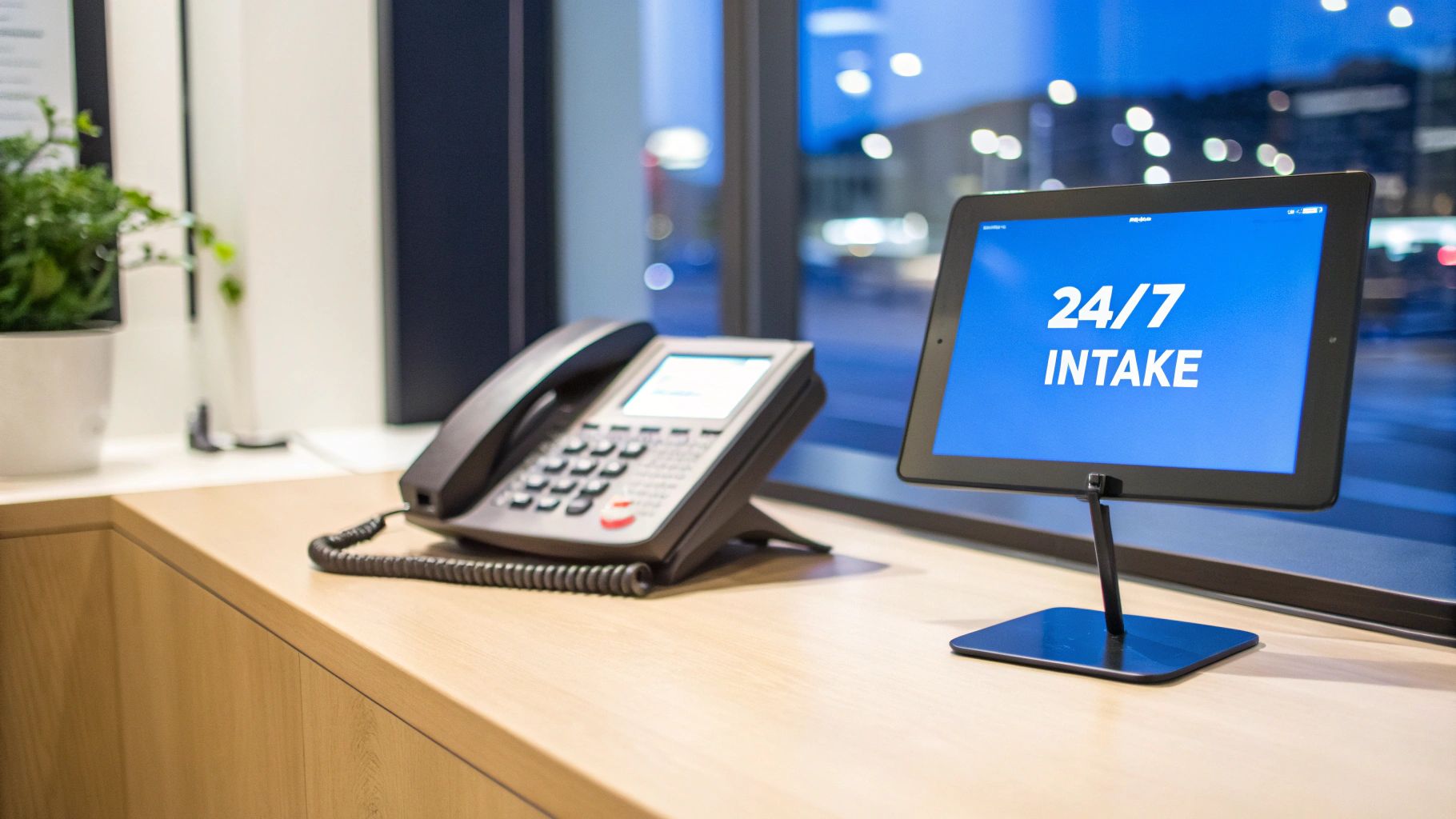 A modern desk with a business phone and a tablet displaying '24/7 INTAKE' for client service.