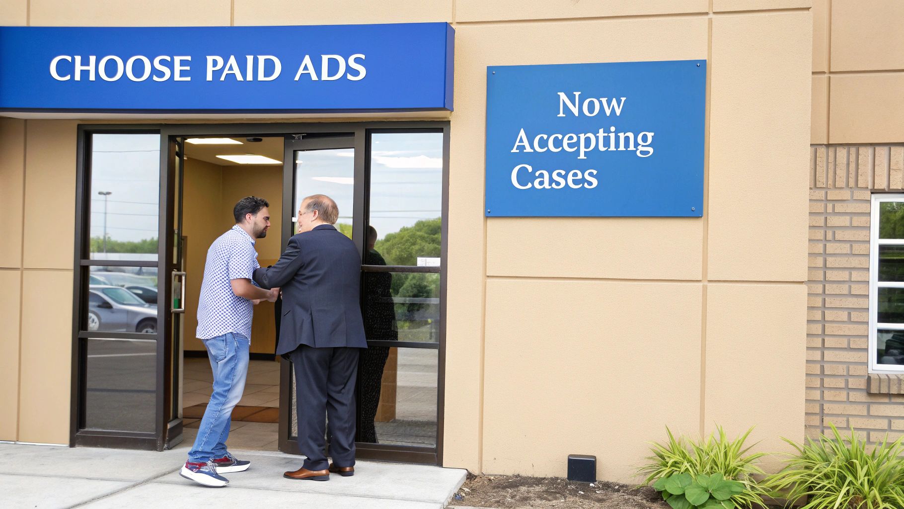 Two men near a business entrance with 'CHOOSE PAID ADS' and 'Now Accepting Cases' signs.