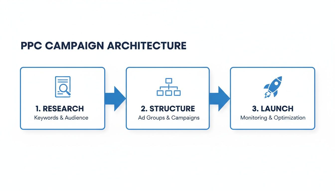 Diagram illustrating the three-step PPC campaign architecture: Research, Structure, and Launch with optimization.