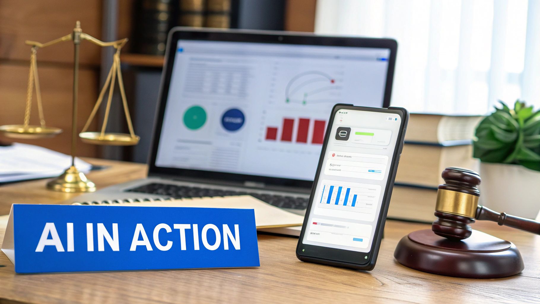 A desk with a gavel, scales of justice, laptop, smartphone, and an 'AI IN ACTION' sign, blending legal and tech.