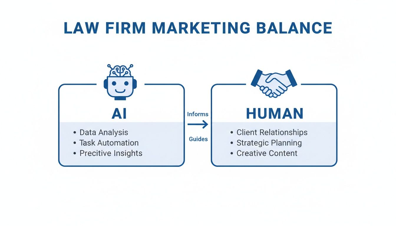 An infographic showing the balance between AI and human roles in law firm marketing strategy.