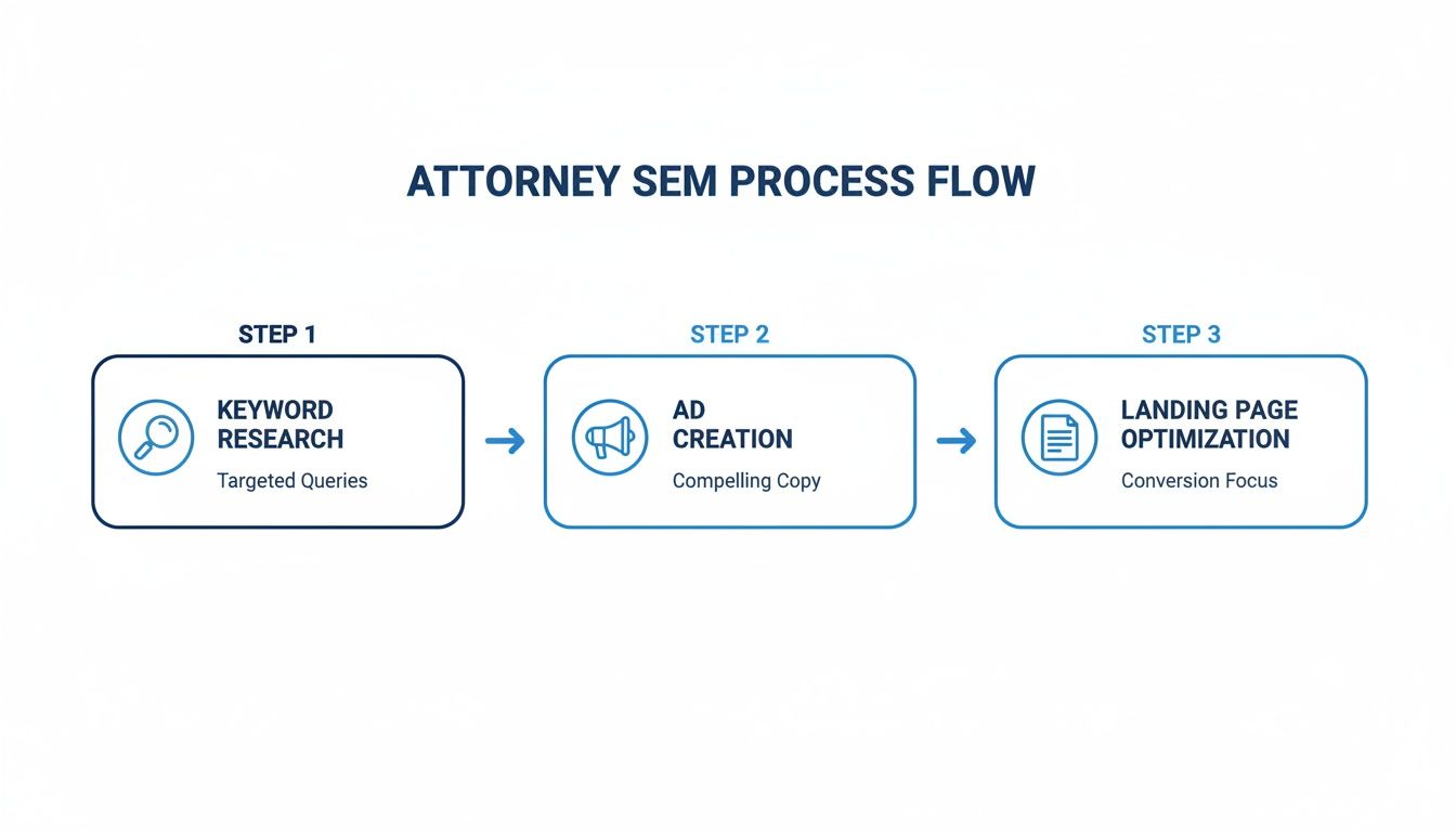Attorney SEM process flow diagram illustrating keyword research, ad creation, and landing page optimization steps.
