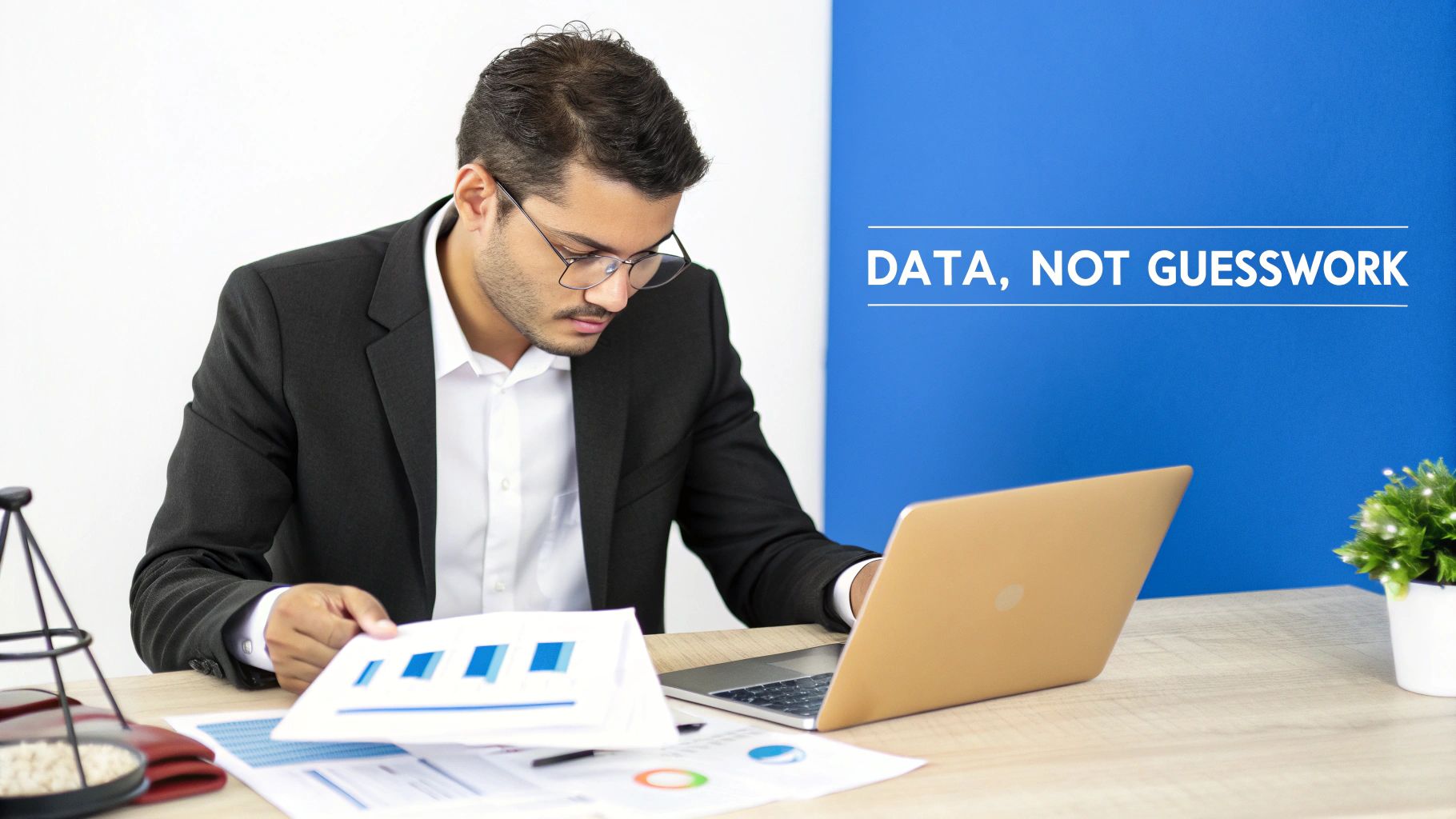 A man in glasses analyzes charts and works on a laptop, emphasizing data-driven decisions.