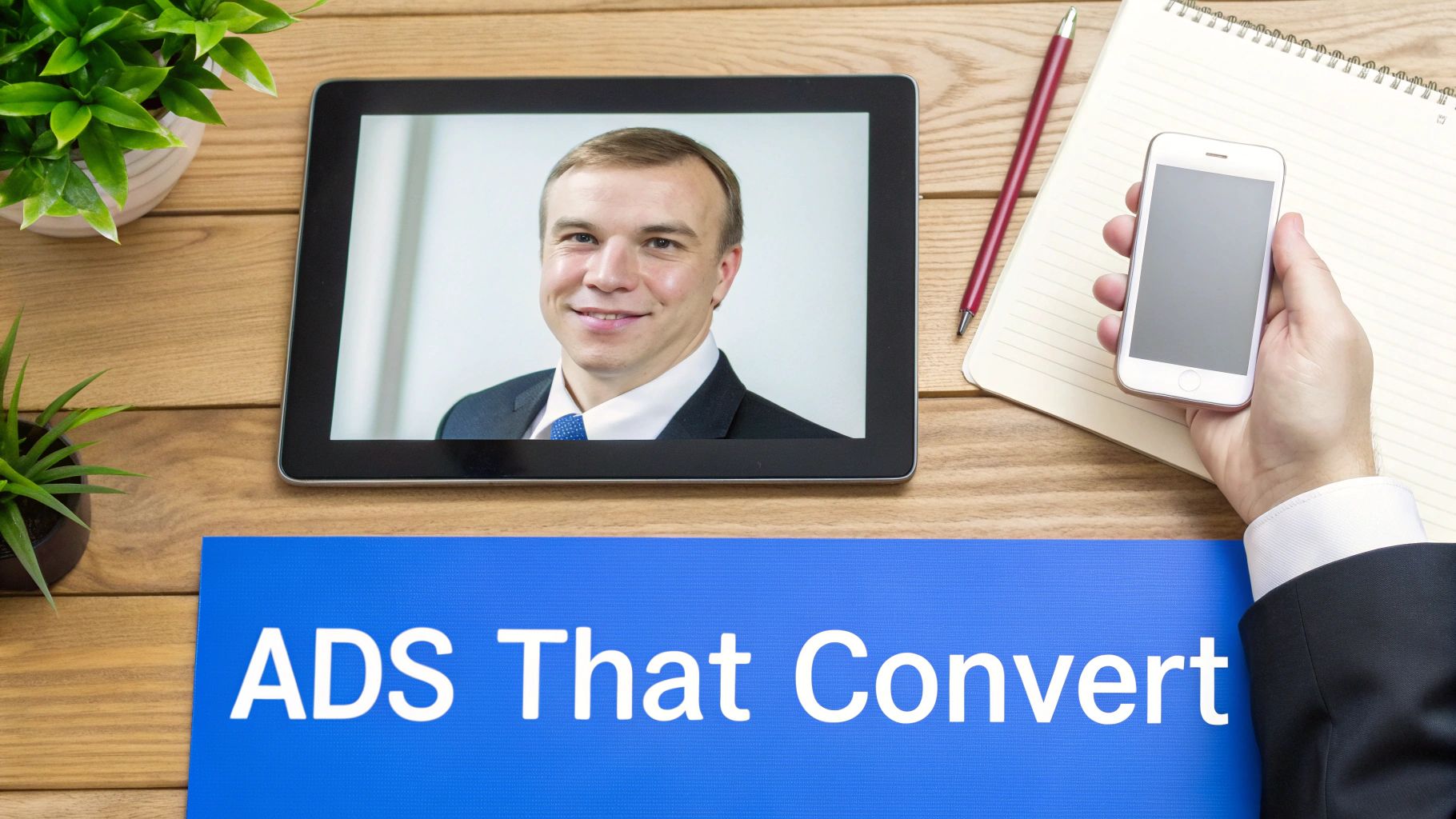 A busy desk setup featuring a tablet with a smiling man, a hand holding a smartphone, and a "ADS That Convert" sign.
