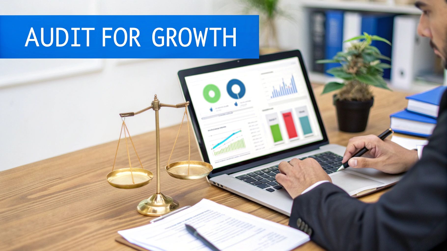 A person conducting an audit for growth on a laptop, with financial charts and scales of justice on the desk.