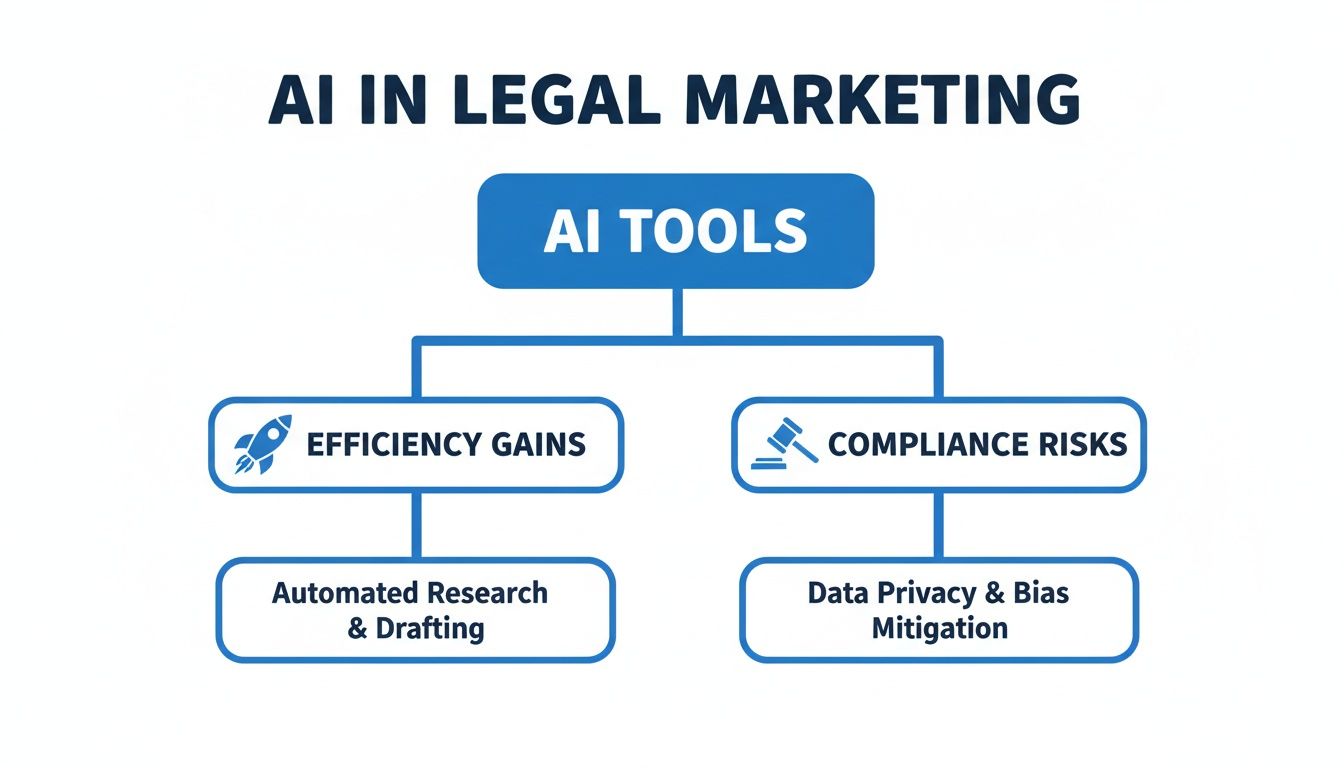 Flowchart illustrating AI in legal marketing, highlighting tools, efficiency gains, and compliance risks.