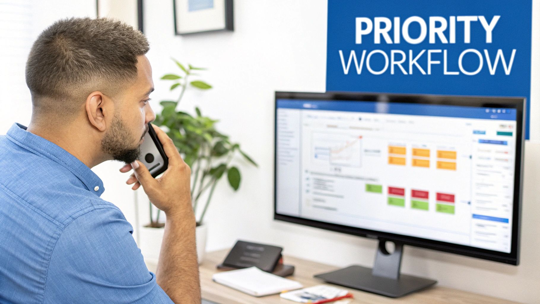 Man on phone looking at a computer screen displaying a priority workflow dashboard with data and charts.