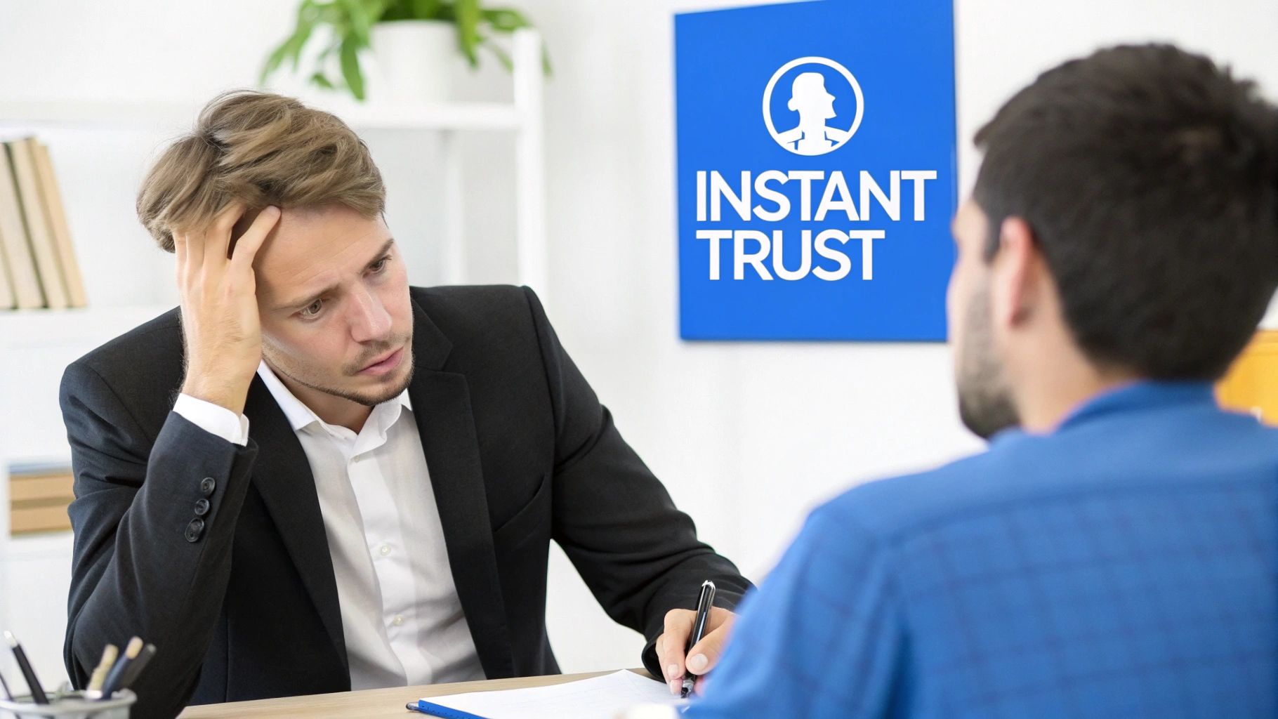 Business professional appearing stressed during meeting with instant trust branding poster visible in background