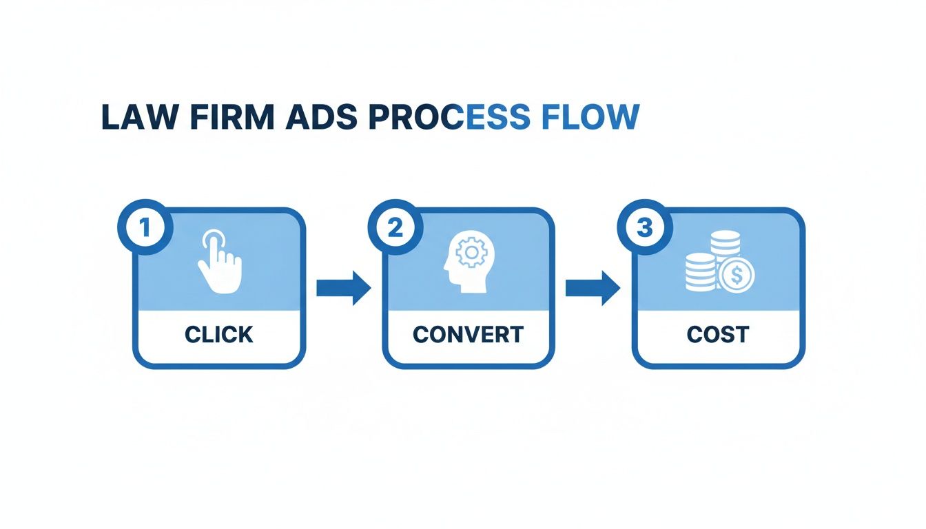 Flowchart illustrating the three-step law firm ad process: click, convert, and cost.