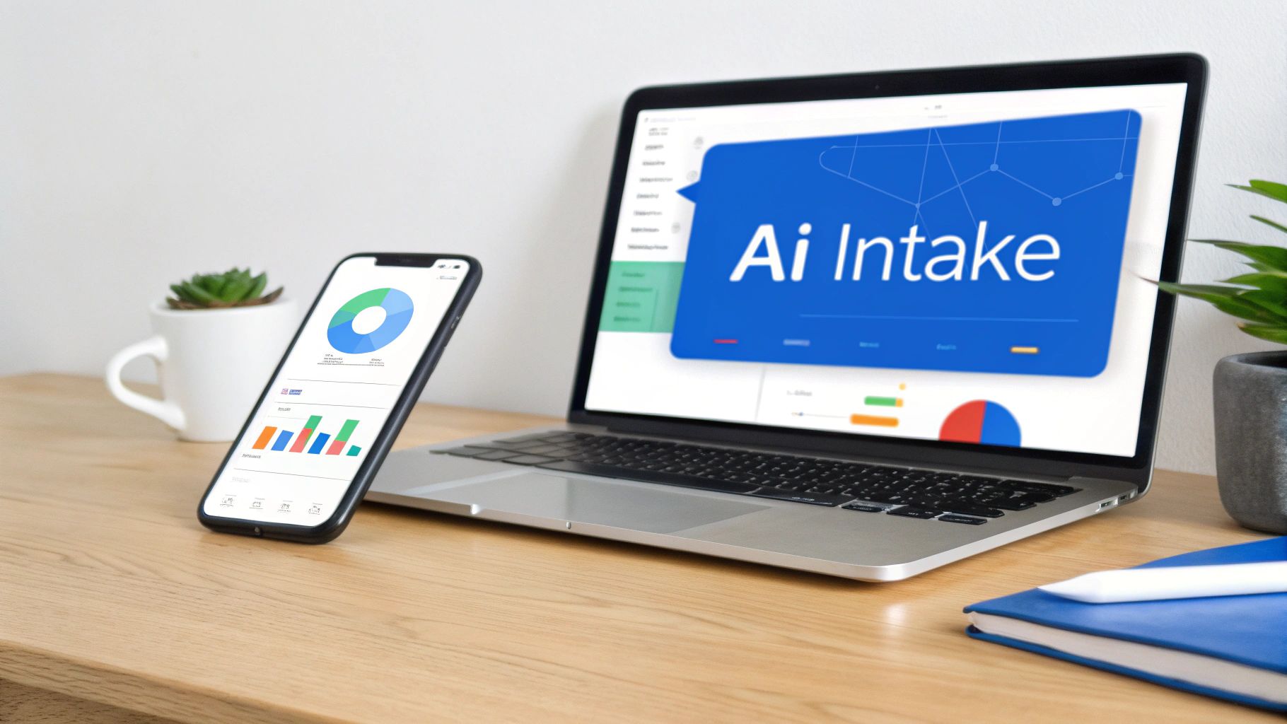 A laptop and smartphone on a wooden desk showing AI intake software and data analytics dashboards.
