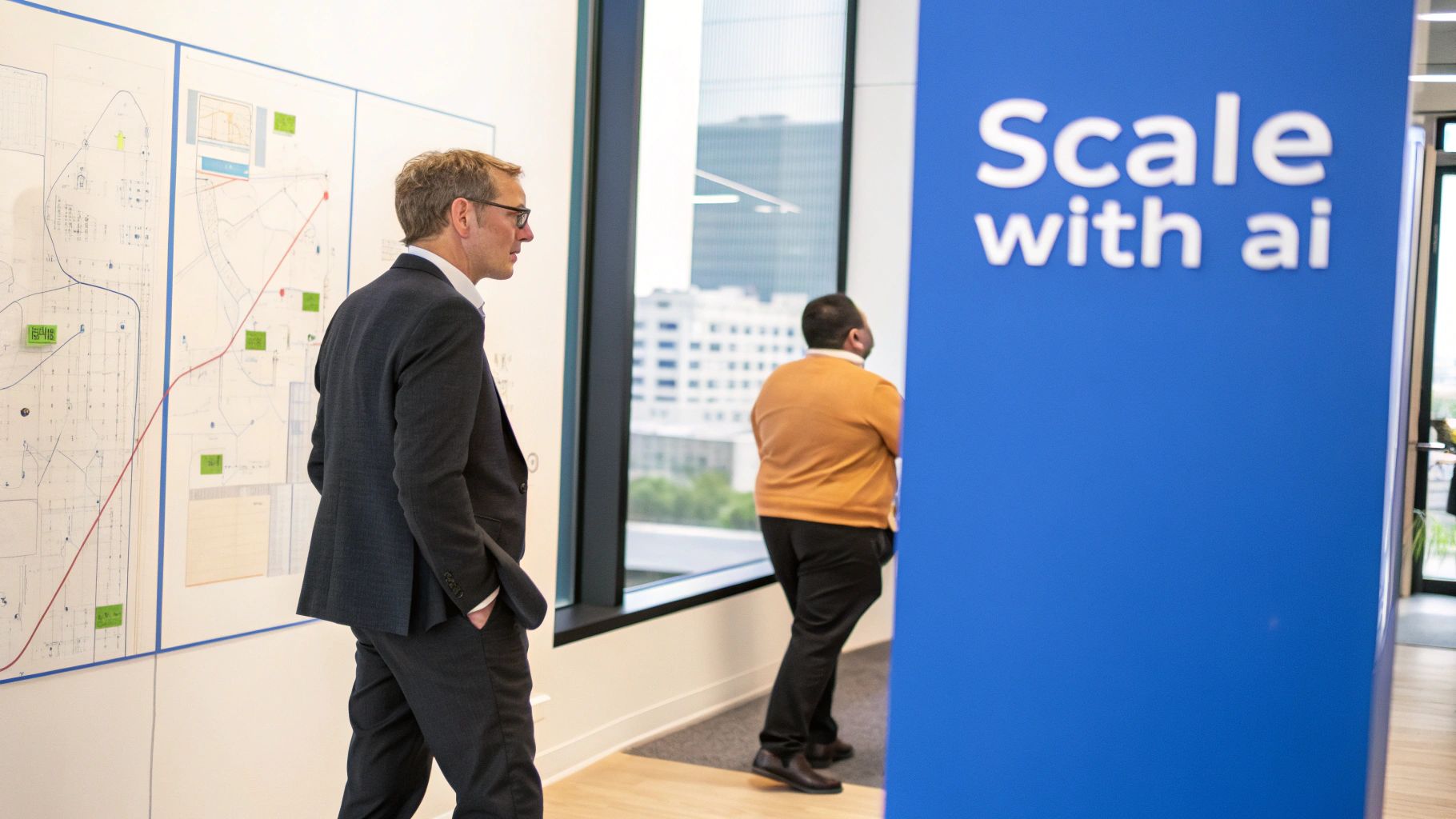 Two business professionals in an office, one reviewing maps, with a prominent 'Scale with AI' sign.