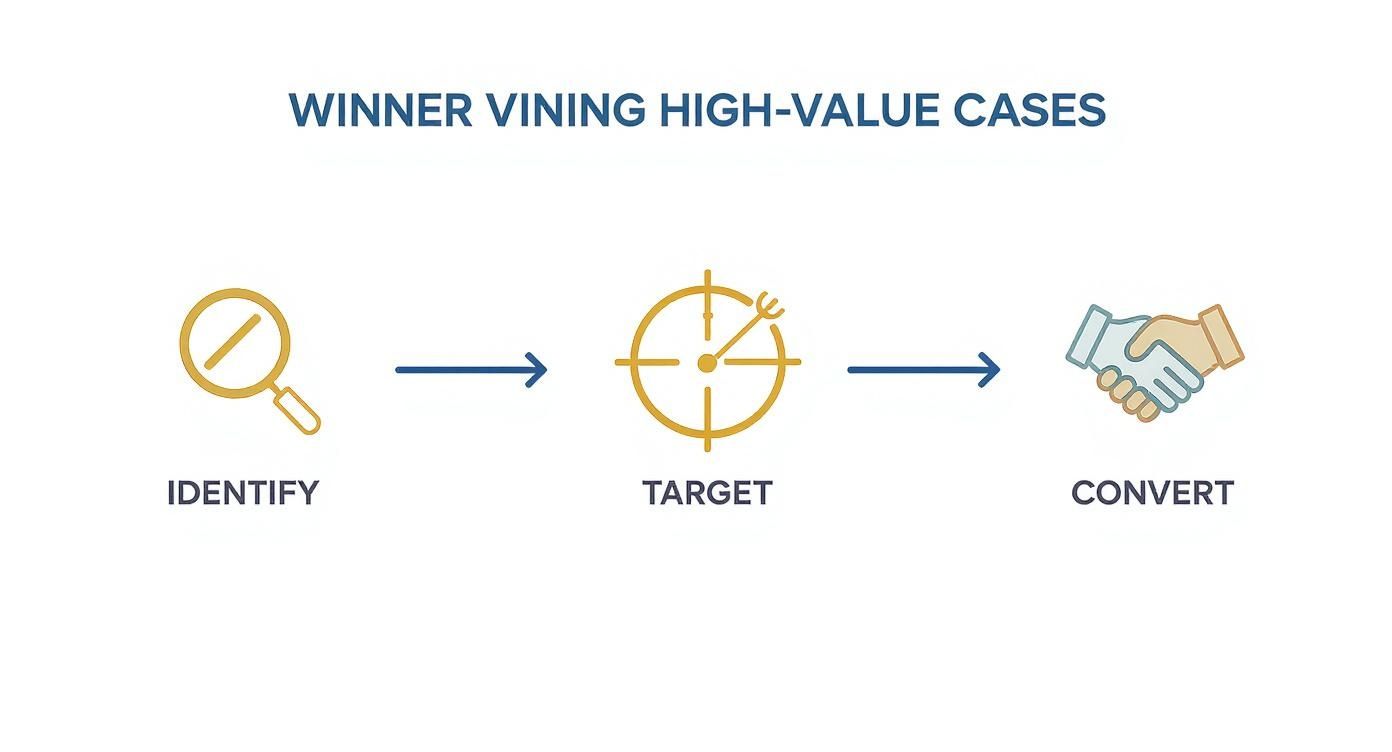 Infographic showing a three-step business process: Identify, Target, and Convert high-value cases.