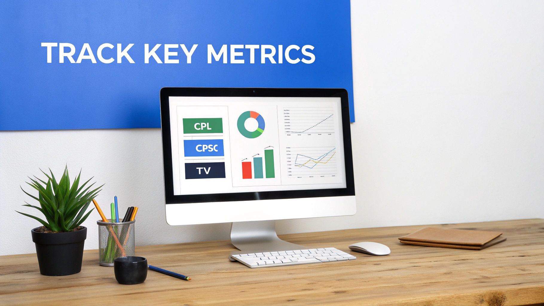 A modern workspace setup with a monitor displaying business metrics and charts, alongside a plant and office supplies.