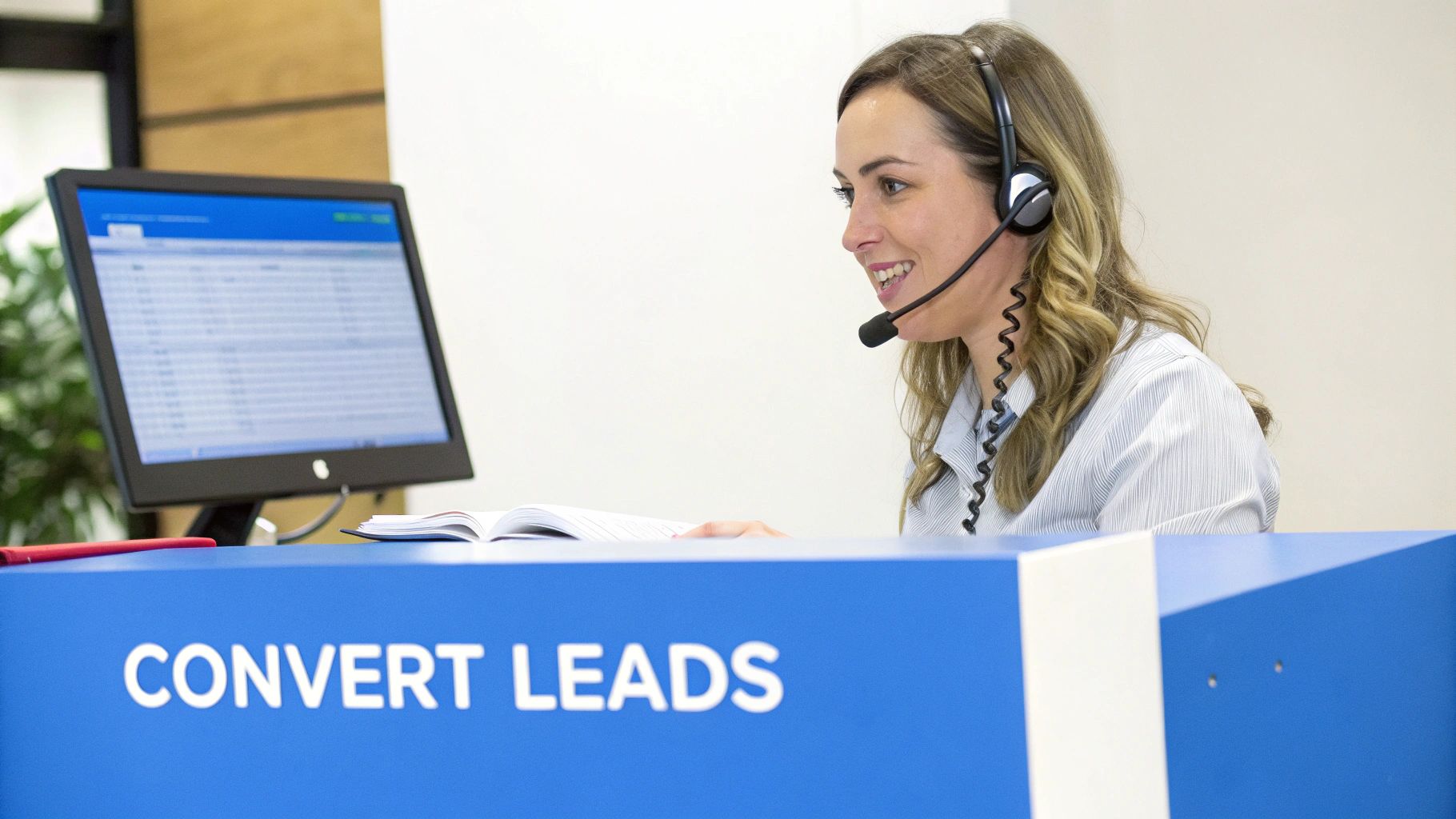 A smiling woman in a headset works at a desk with a computer and book, behind a blue 'CONVERT LEADS' counter.