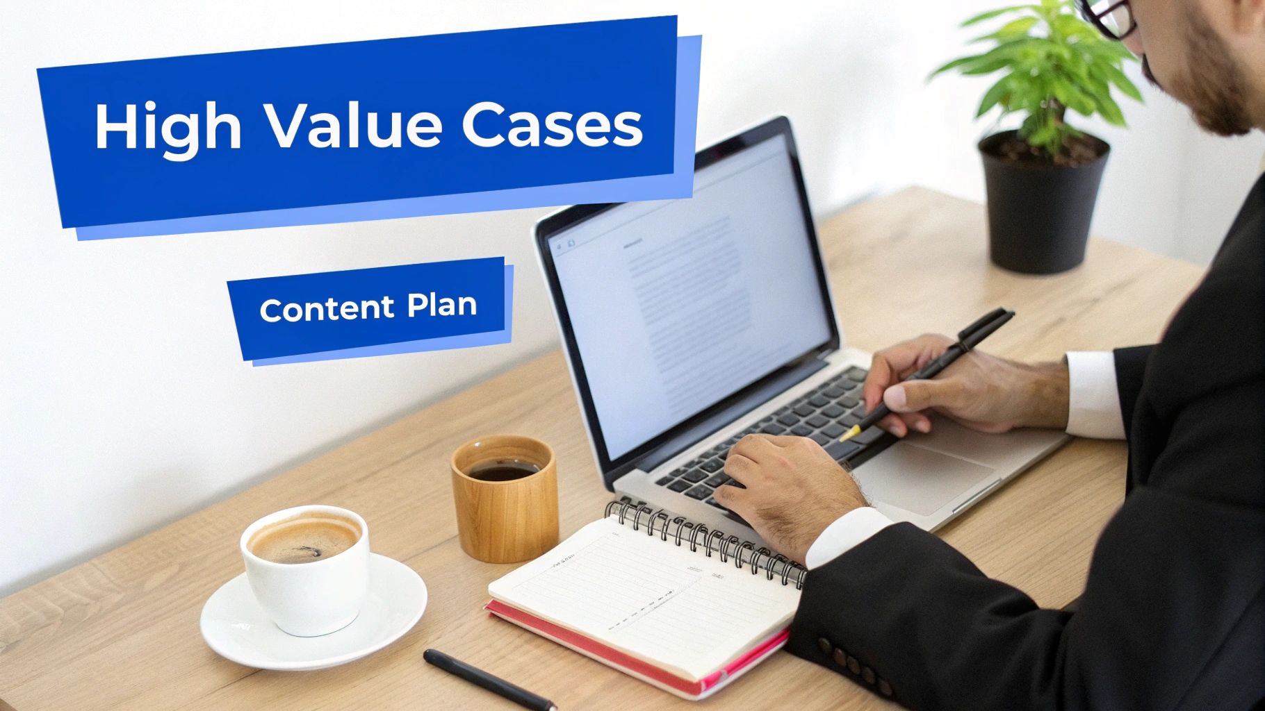 Professional working on laptop at a desk with 'High Value Cases' and 'Content Plan' banners.