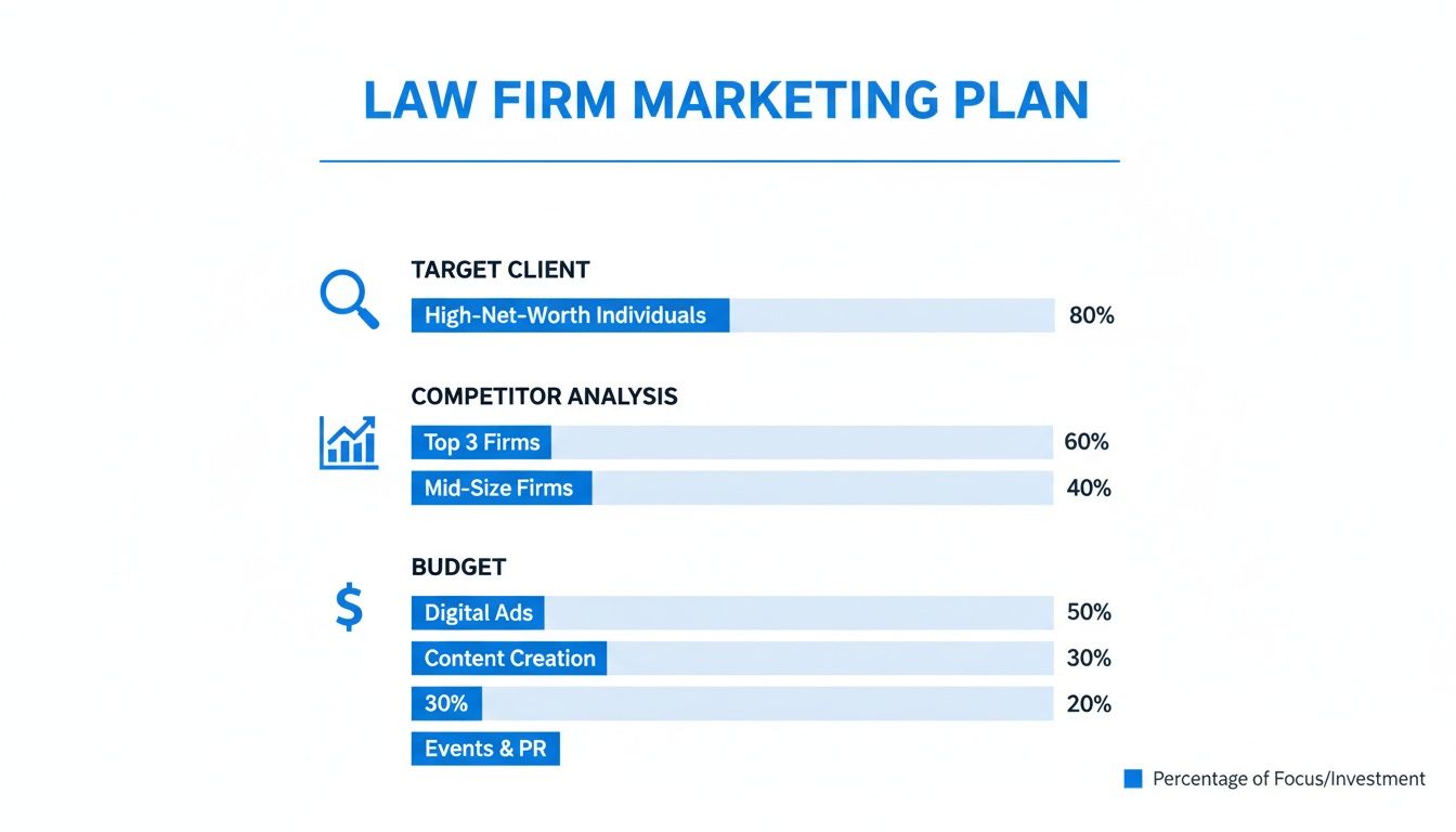 Infographic detailing a law firm's marketing plan, covering target clients, competitor analysis, and budget distribution.