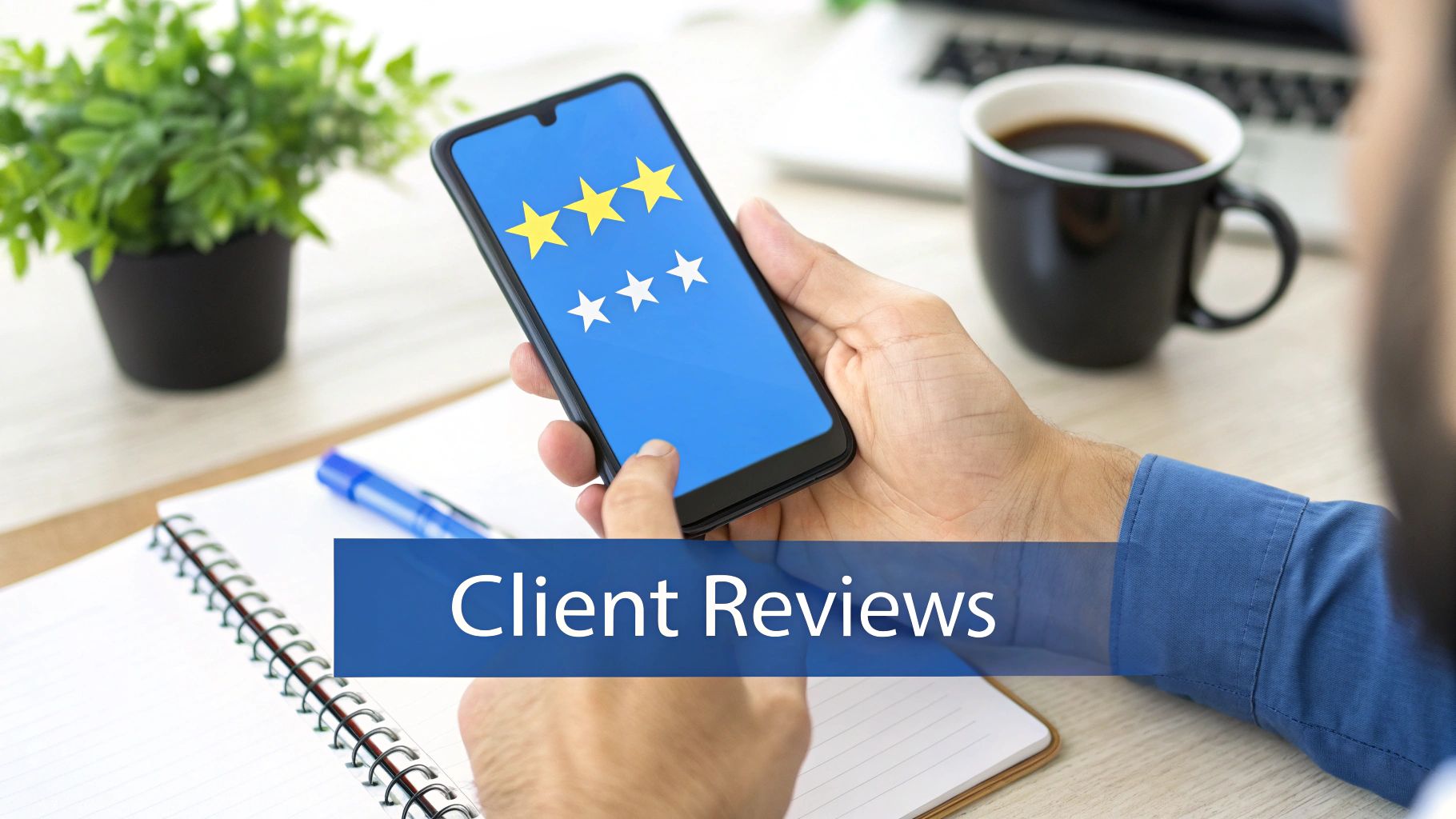 Person holding a smartphone displaying a three-star rating, with 'Client Reviews' overlay.