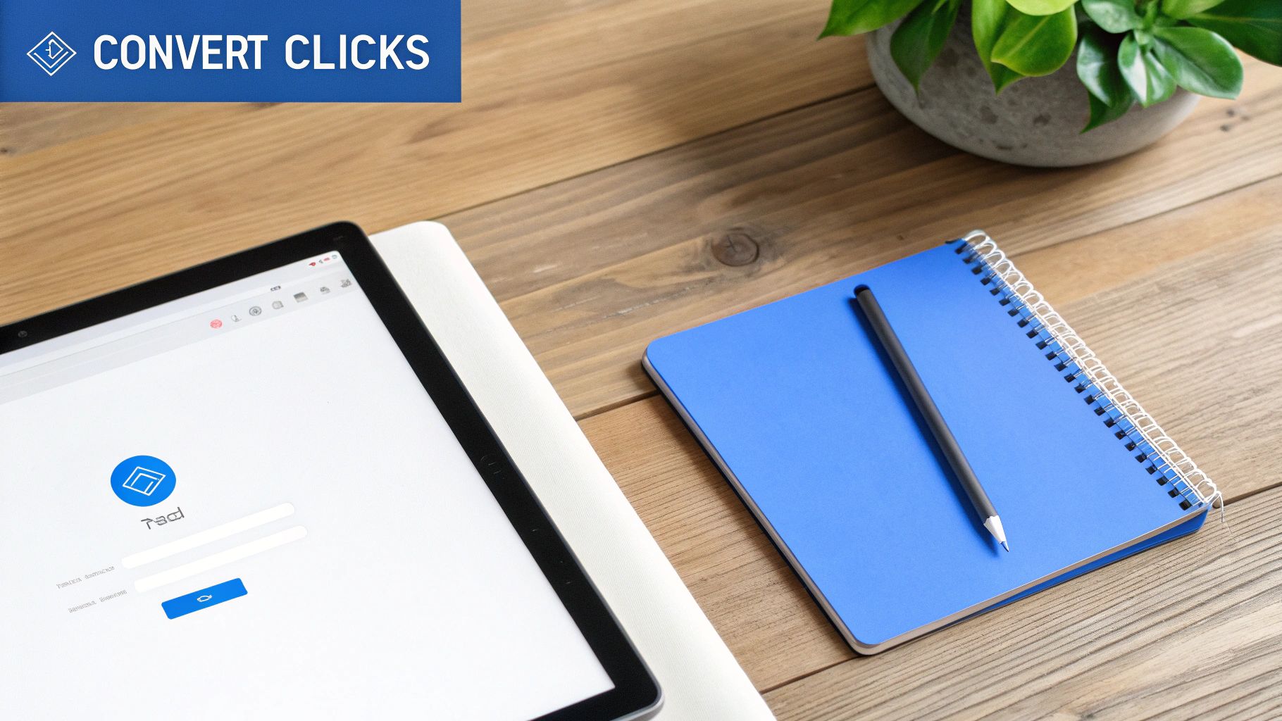 Tablet displaying a login page with 'CONVERT CLICKS' banner, blue notebook, and pencil on a wooden desk.