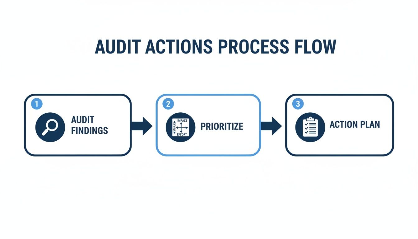 A three-step audit actions process flow diagram showing audit findings, prioritize, and action plan.