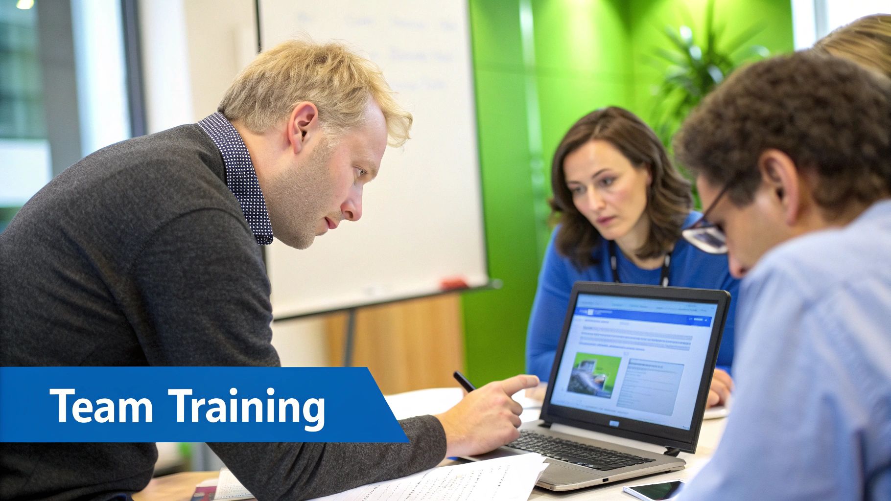 Three professionals engage in a team training session, reviewing content on a laptop.