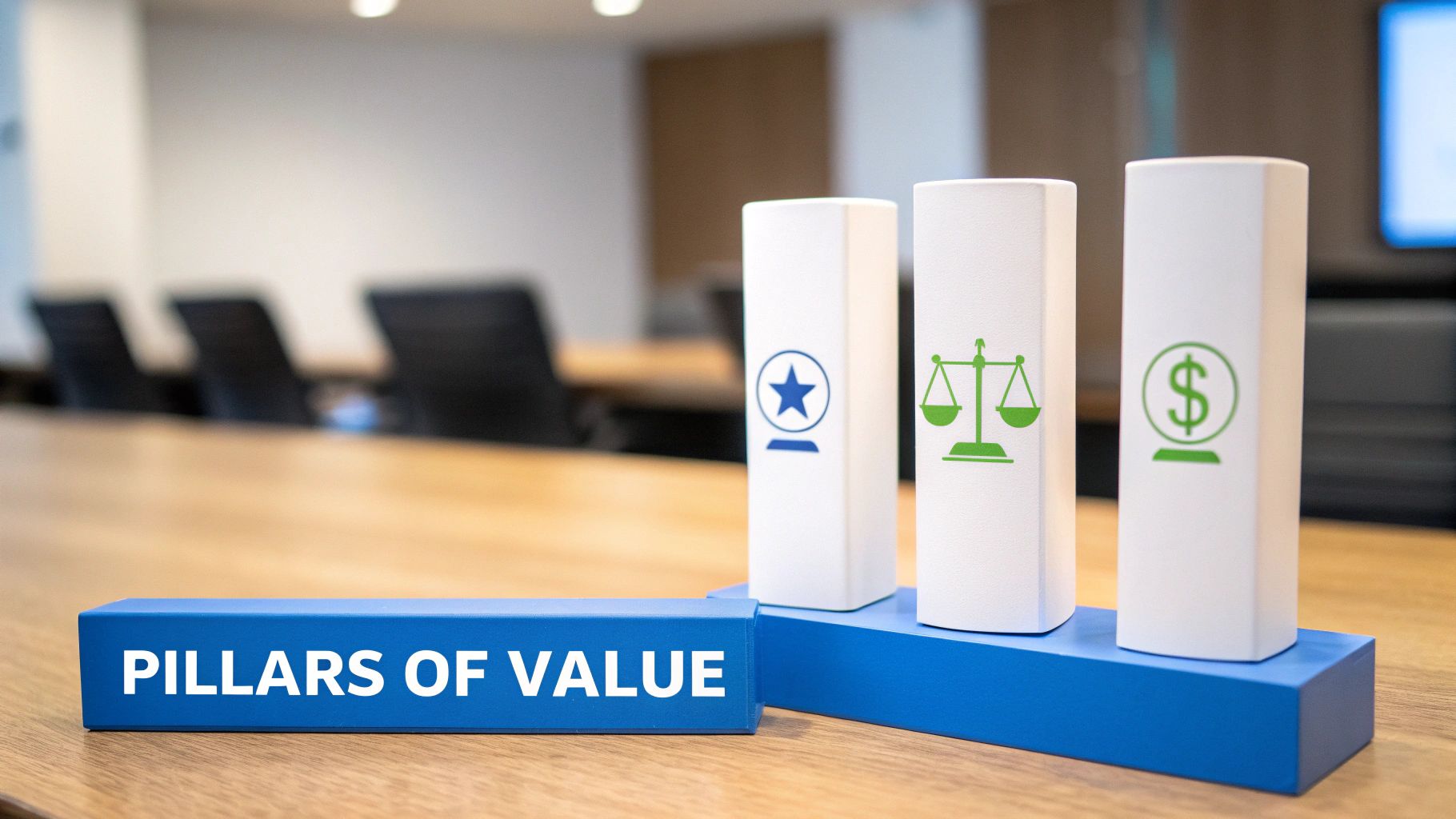 A blue block reads 'PILLARS OF VALUE' next to three pillars with star, scales, and dollar icons.