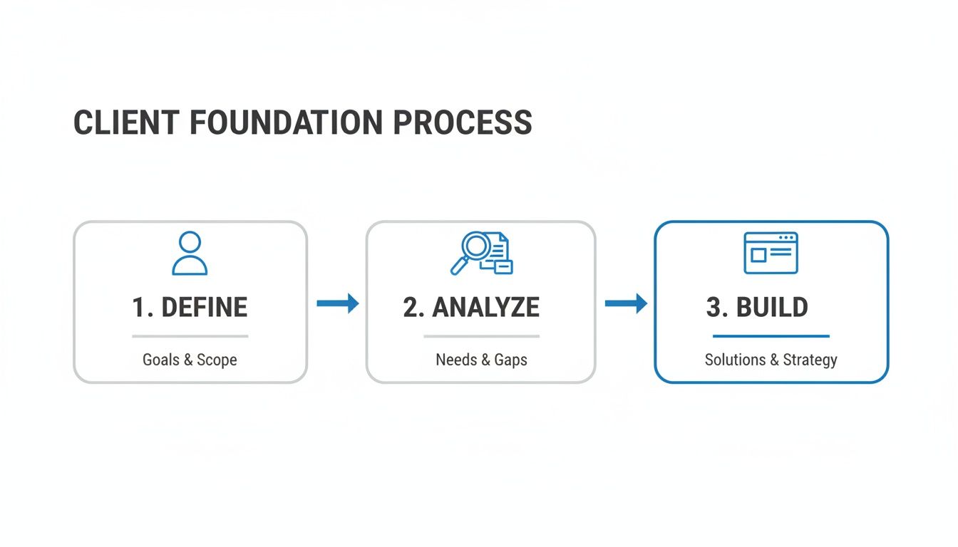 A three-step client foundation process diagram: Define, Analyze, and Build, with icons.