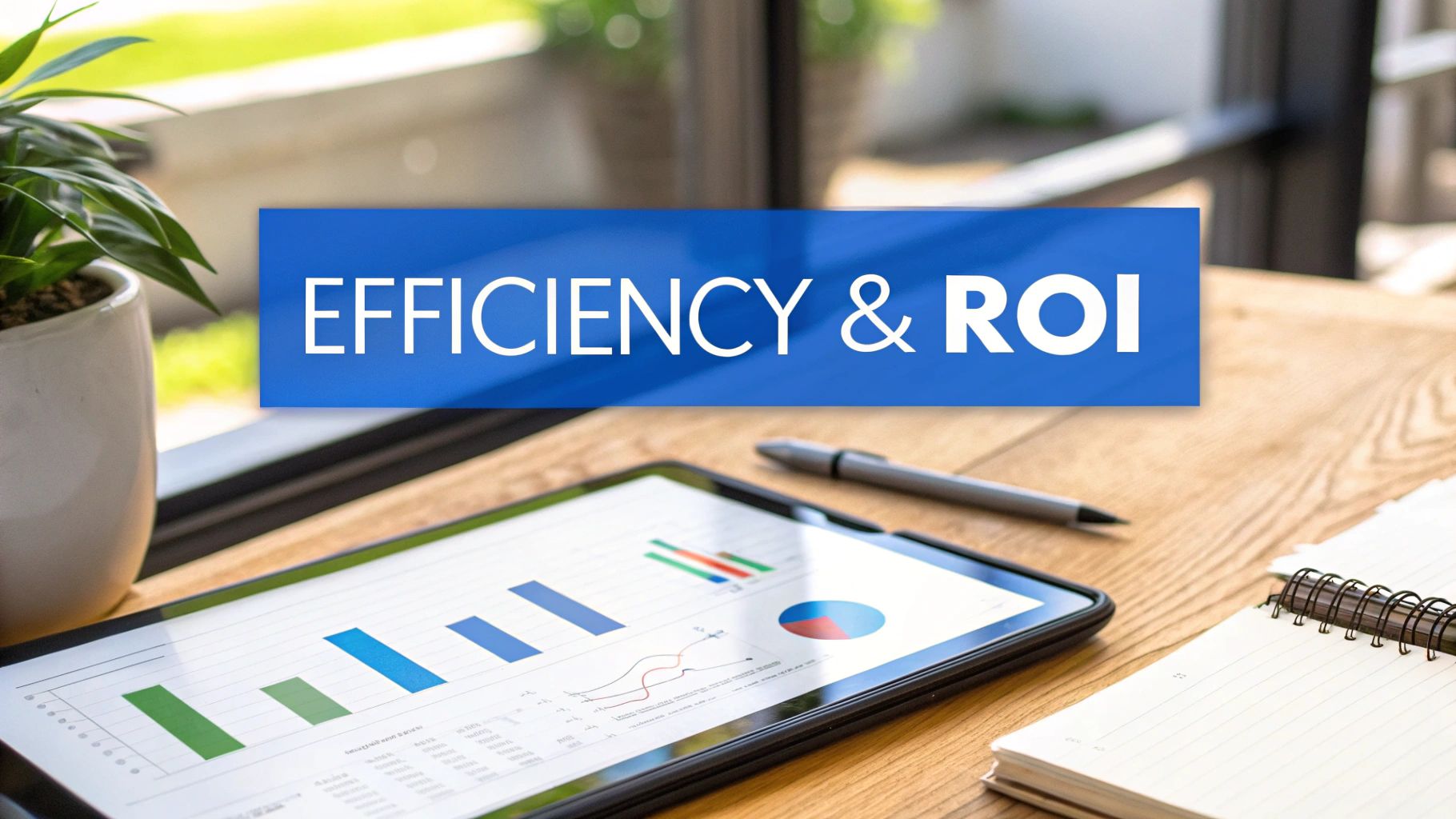 A blue banner displays 'EFFICIENCY & ROI' above a tablet showing business charts on a wooden desk with a pen and notebook.