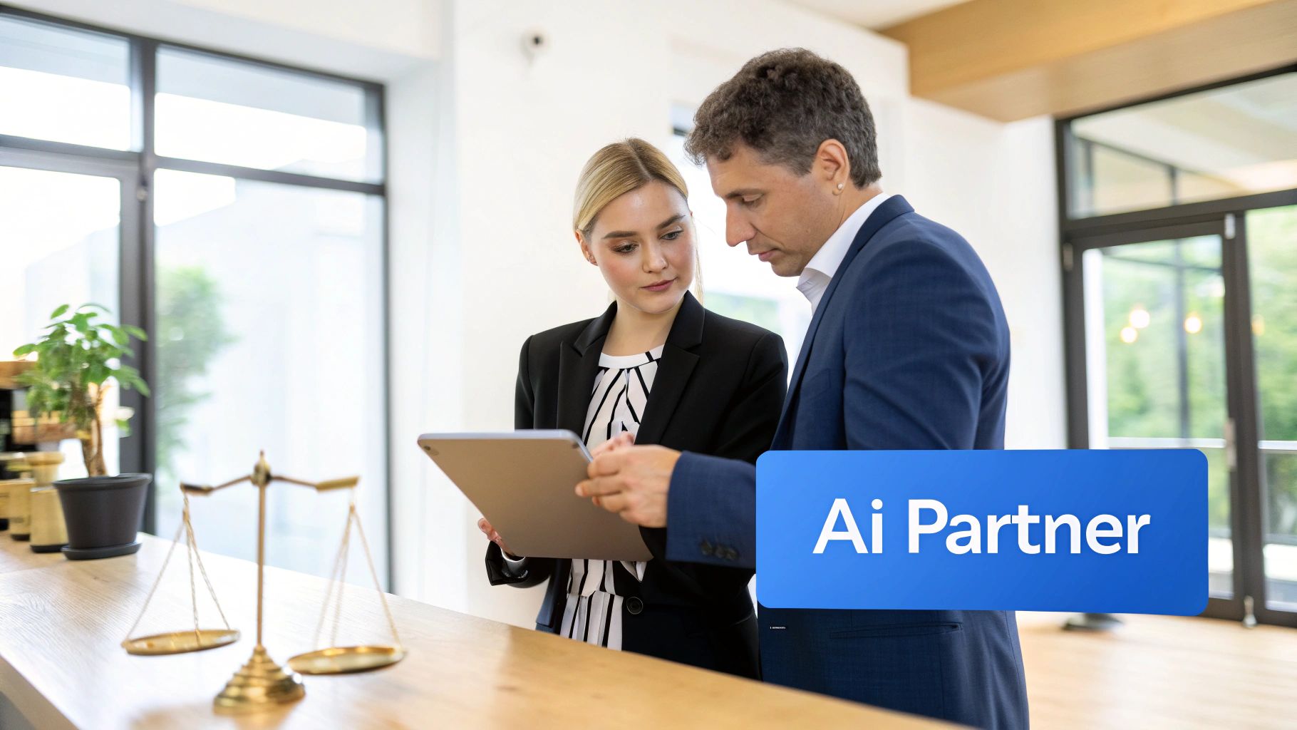 Two professionals, a man and a woman, collaborate while reviewing data on a tablet in a modern office.