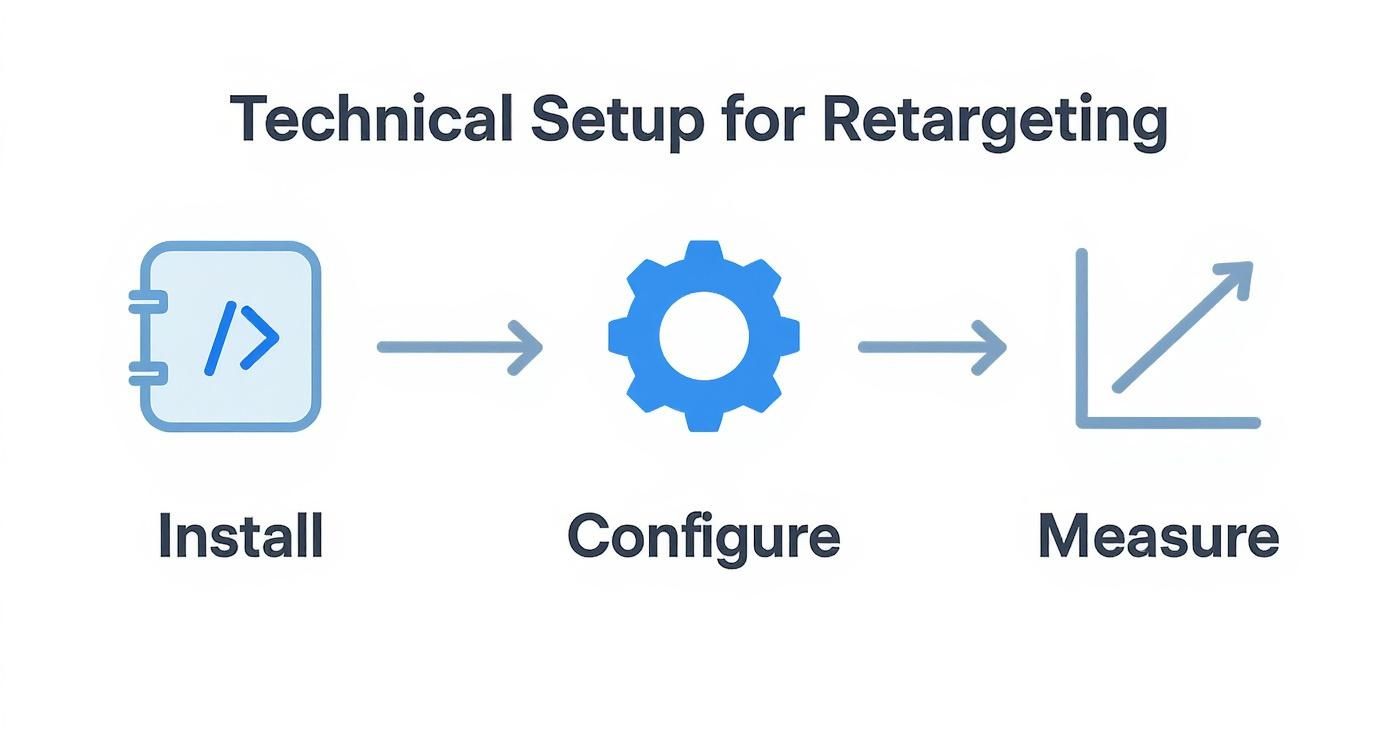 Three-step technical setup process for retargeting showing install, configure, and measure stages with icons