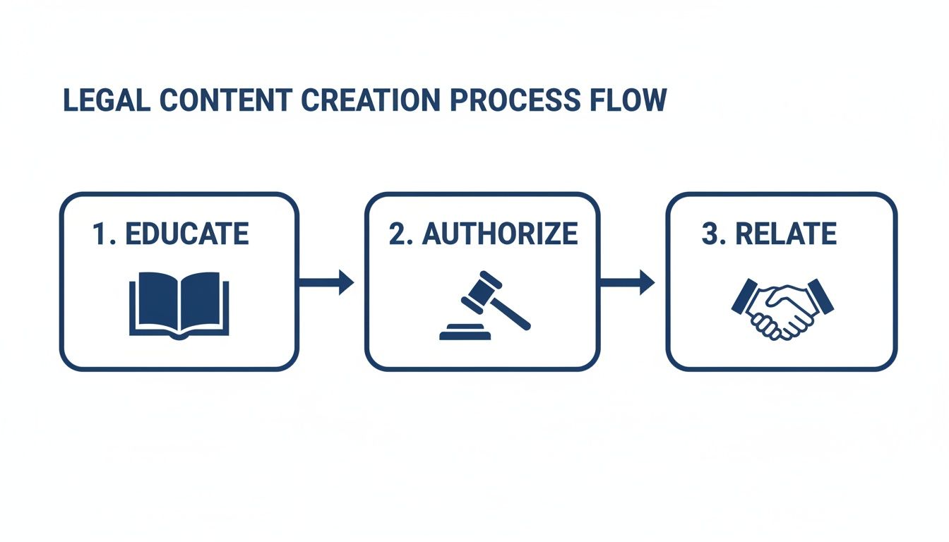 Flowchart showing the legal content creation process with steps: educate, authorize, and relate.