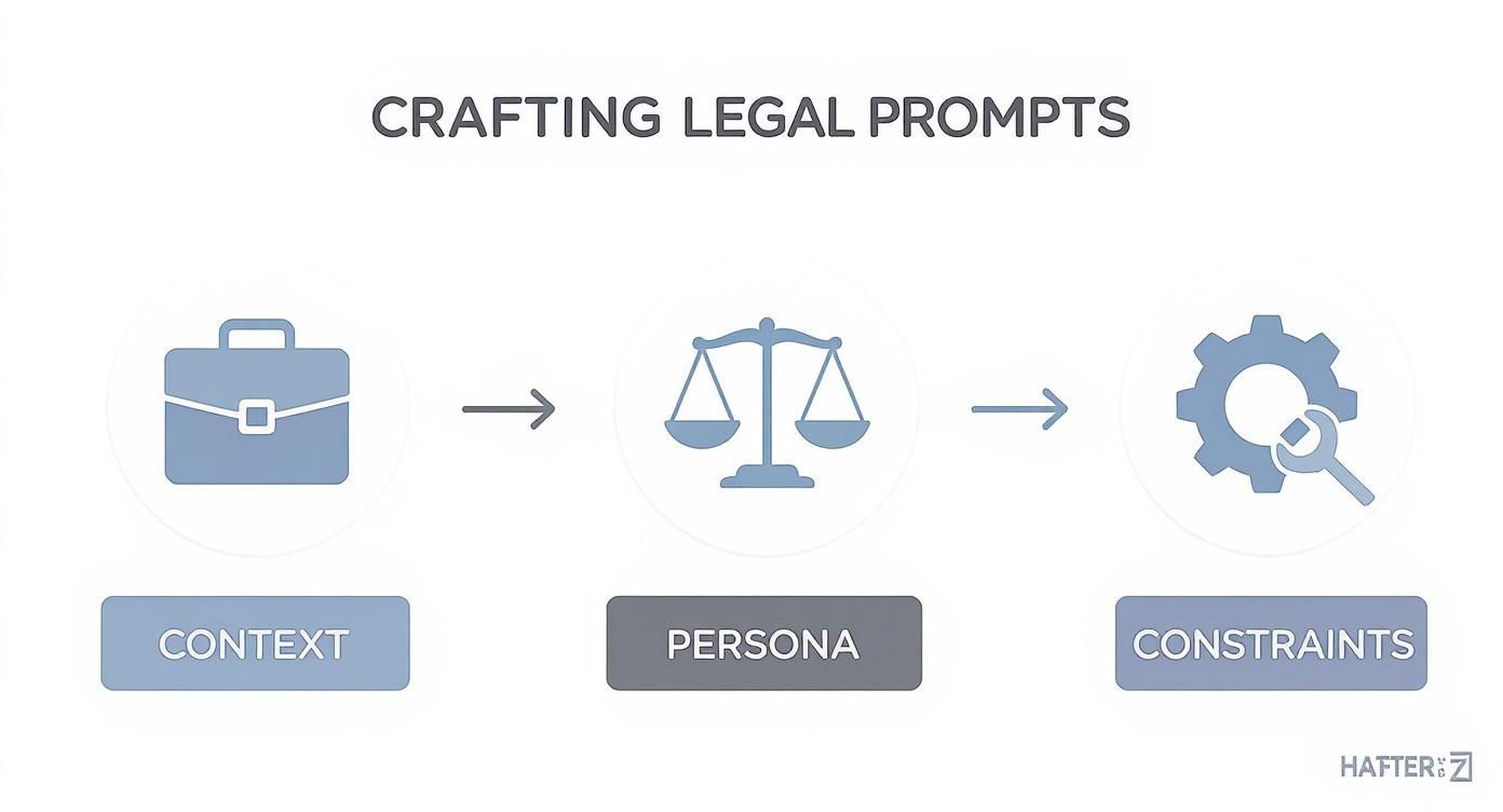 A flowchart illustrates the process of crafting legal prompts, showing context, persona, and constraints with icons.