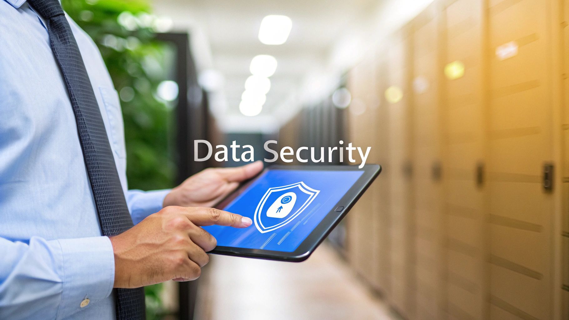 A person in a business shirt and tie holds a tablet displaying a data security shield icon, with 'Data Security' text.