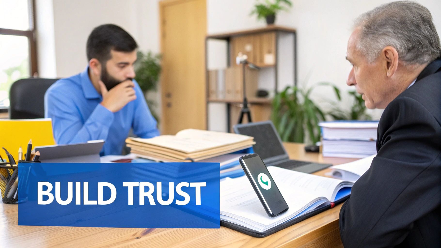 Two businessmen collaborate in an office, surrounded by documents, a laptop, and a 'BUILD TRUST' sign.