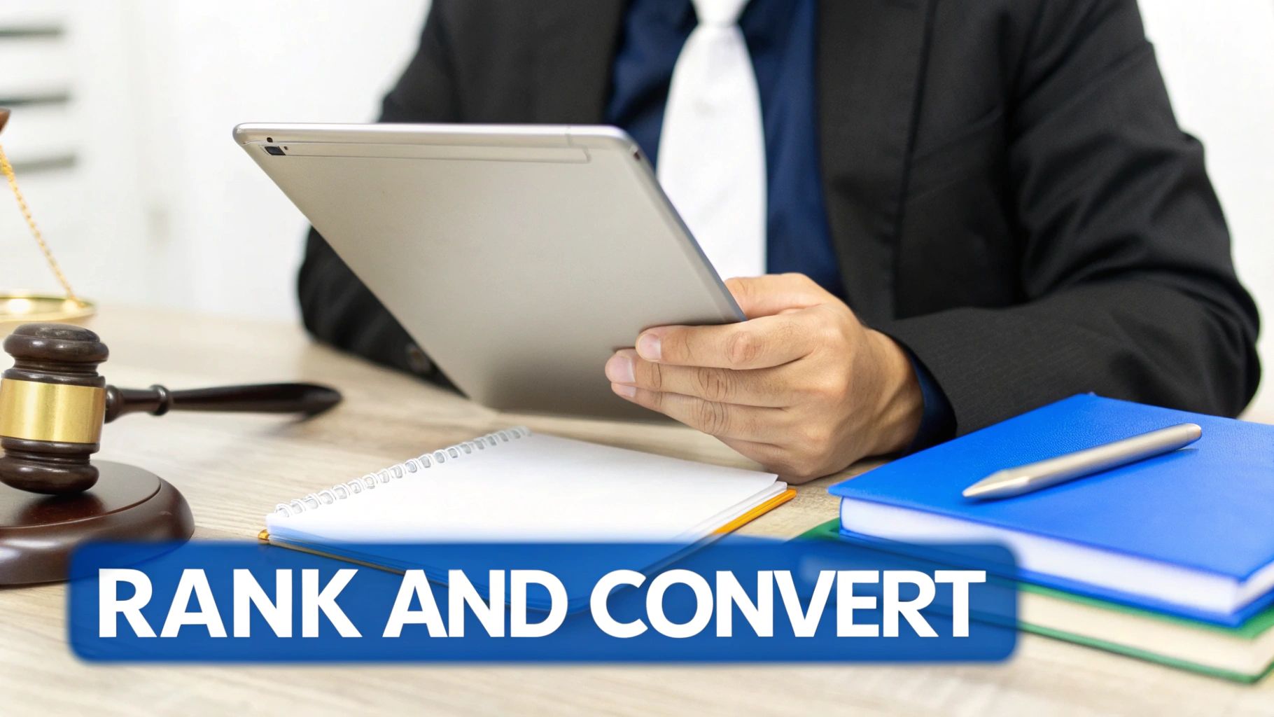 A legal professional in a suit and tie uses a tablet at a desk with a gavel and legal documents.