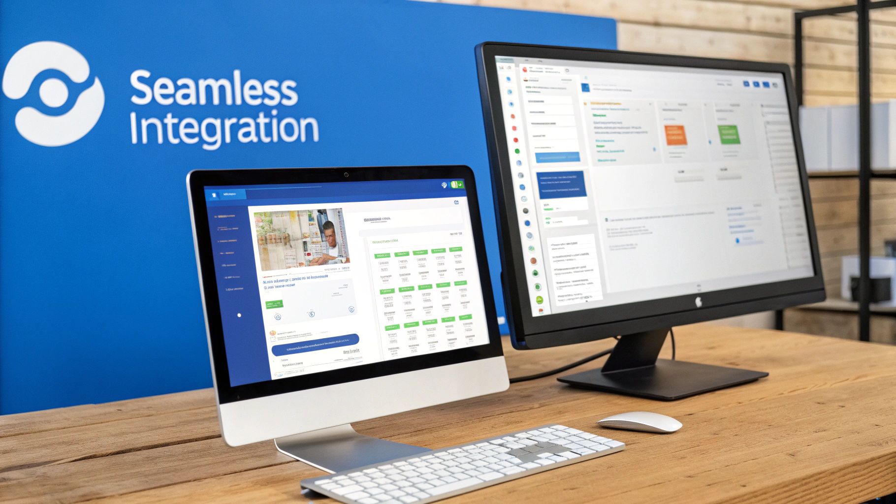 Two computer monitors showcasing business software on a wooden desk, emphasizing seamless integration.