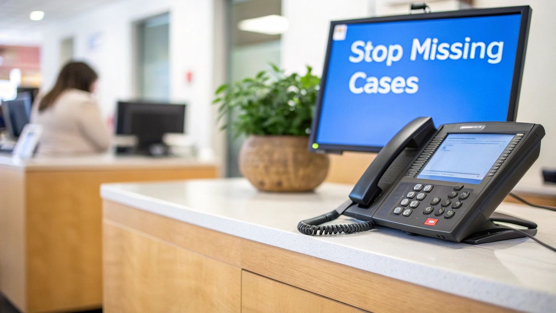 A worried lawyer looking at a laptop screen, representing the stress of missed client leads.