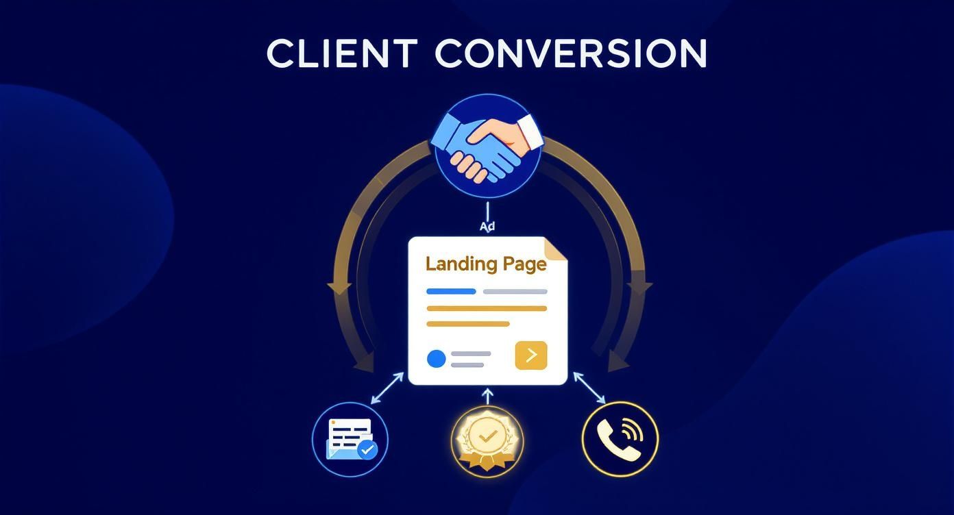 Infographic showing the conversion path from a Google Ad to a law firm's landing page, highlighting essential page elements.