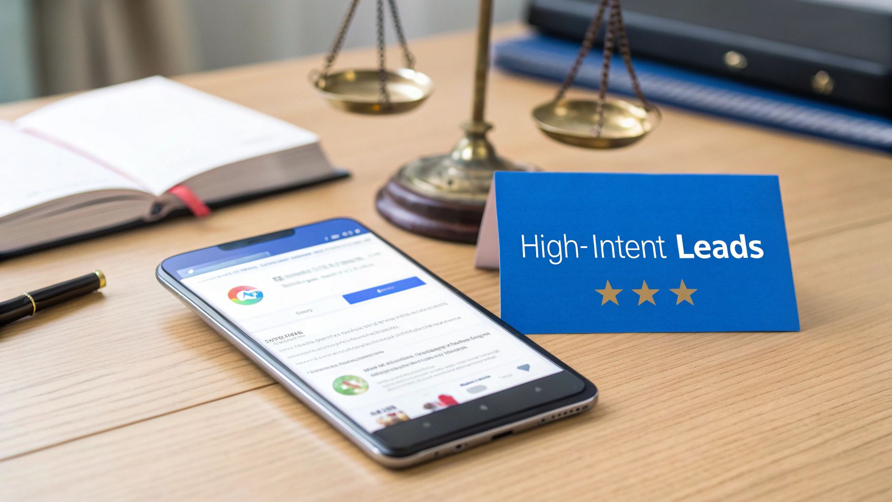 A desk with a smartphone, open book, scales of justice, and a 'High-Intent Leads' sign.