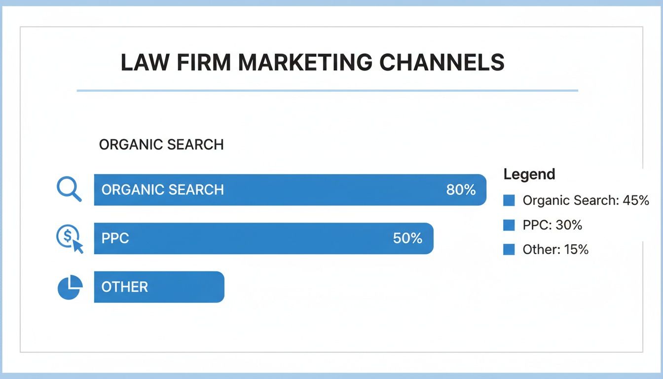 Bar chart illustrating law firm marketing channels: Organic Search 80%, PPC 50%, and Other.