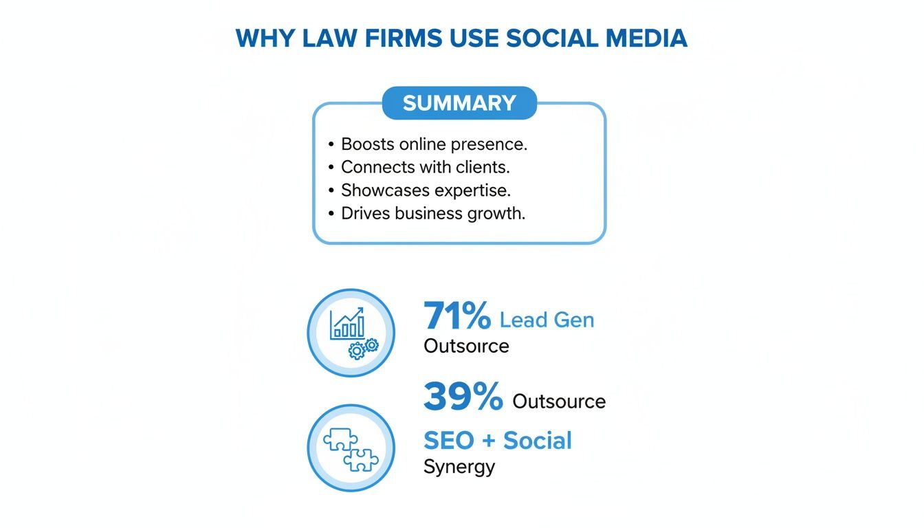 Infographic detailing why law firms use social media, highlighting benefits and outsourcing statistics for lead generation and SEO synergy.