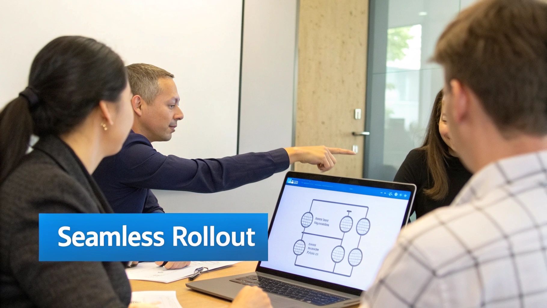 Professionals discussing a 'Seamless Rollout' project, with one pointing at a laptop diagram.