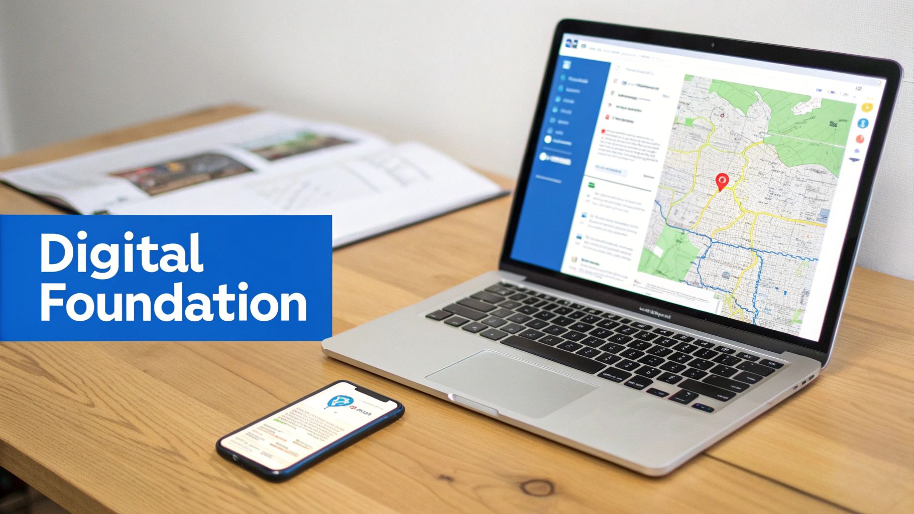 A laptop displaying a map, a smartphone, and an open book on a wooden desk with a 'Digital Foundation' banner.