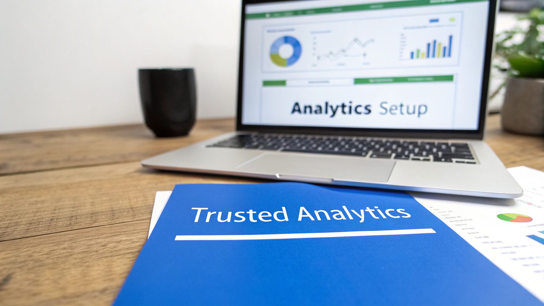 A laptop displaying "Analytics Setup" with charts, alongside a blue folder titled "Trusted Analytics" on a wooden desk.