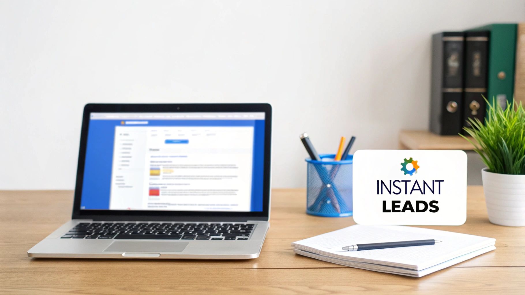 A clean desk setup featuring a laptop displaying a webpage, an 'Instant Leads' sign, and office essentials.