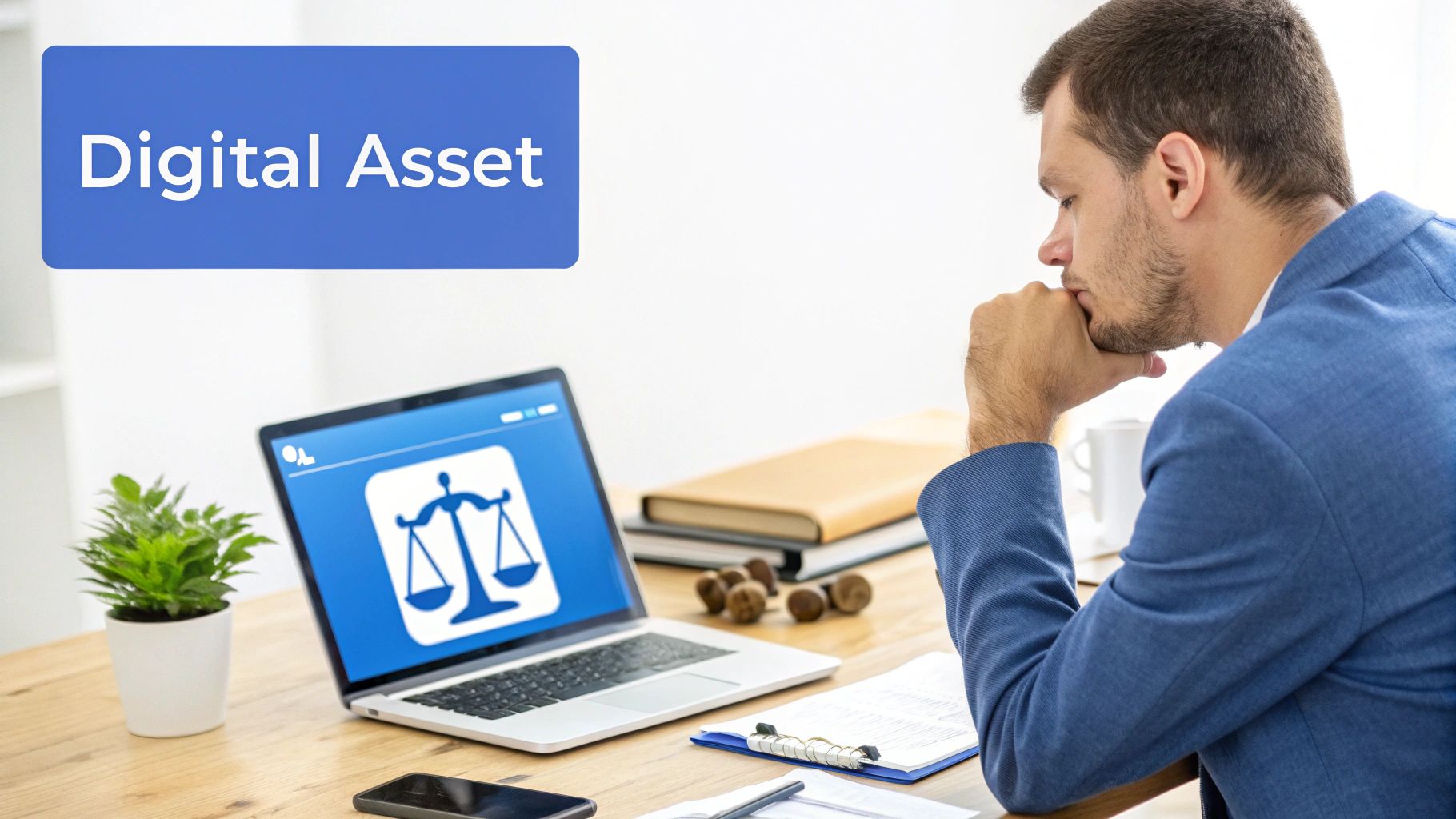 A man in a blue jacket contemplates digital asset law, viewing scales of justice on his laptop screen.